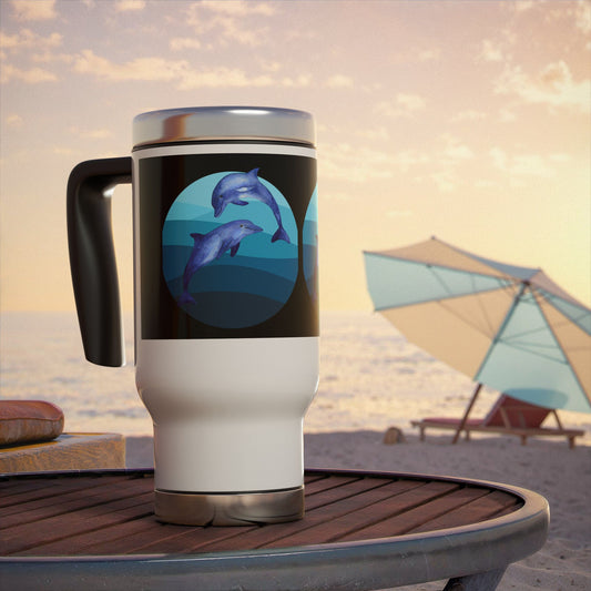 Travel mug with dolphin design on a beach setting