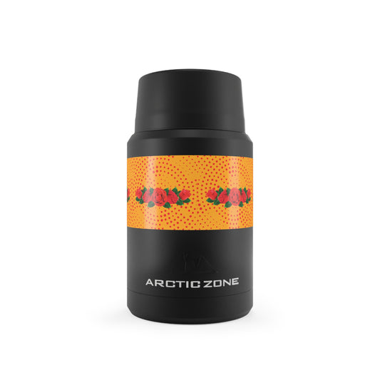 Black insulated bottle with orange label featuring red roses on a white background