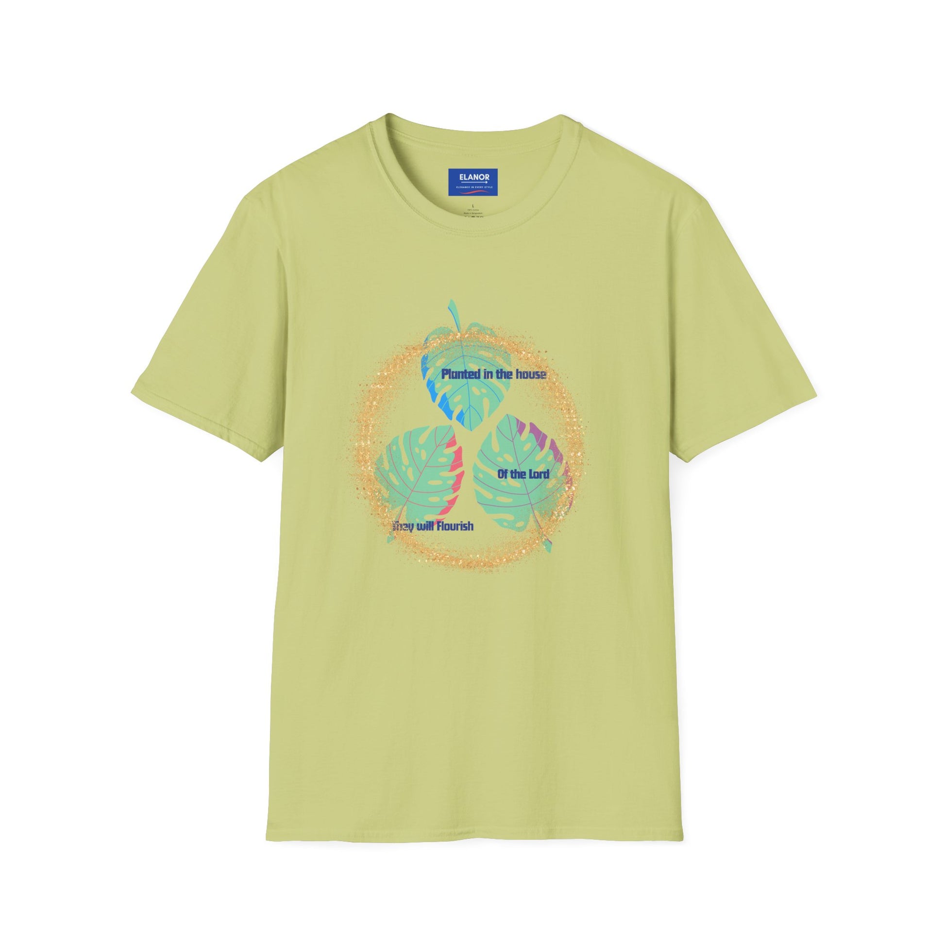 Light green t-shirt with colorful graphic design on a white background