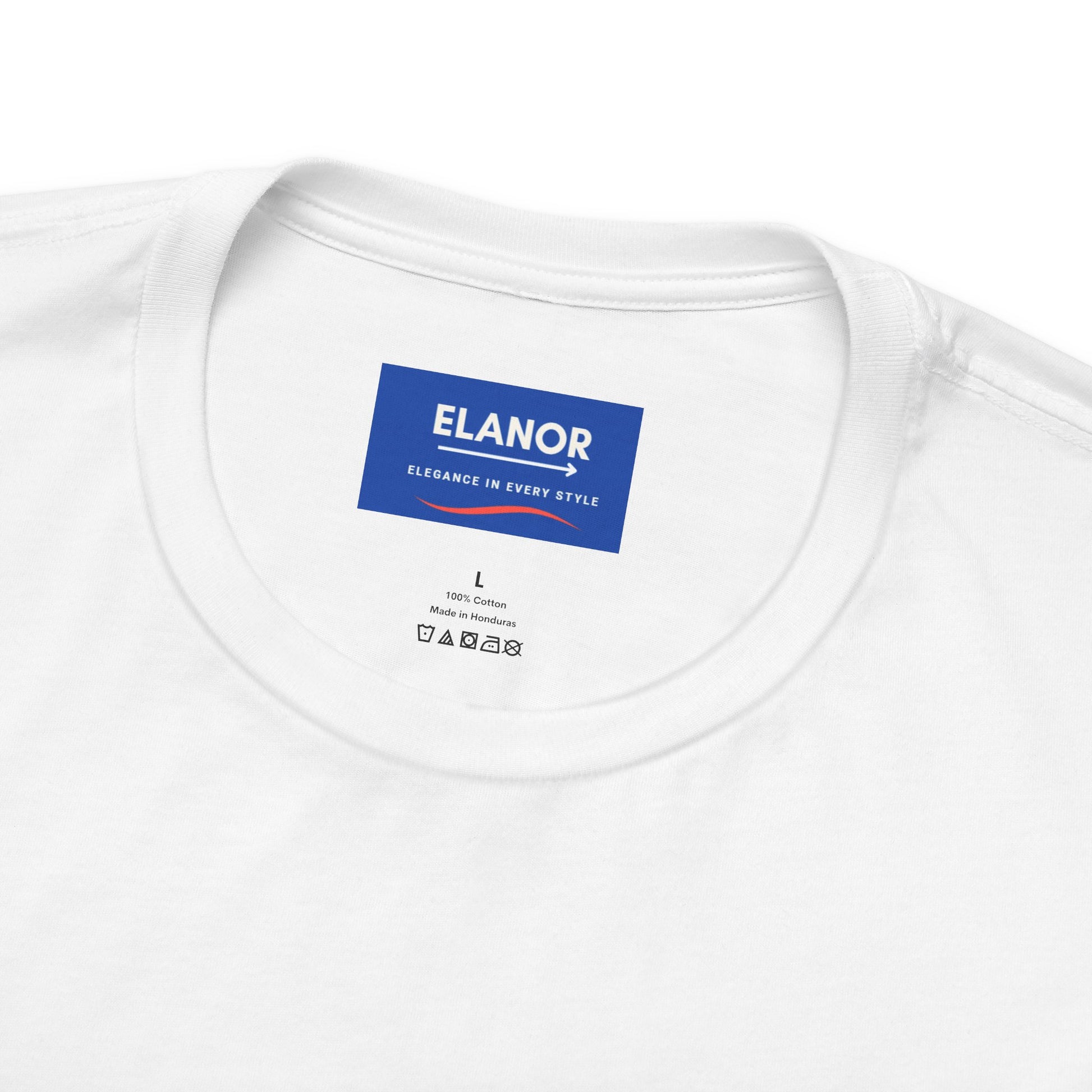 White t-shirt with 'ELANOR' branding on a white background