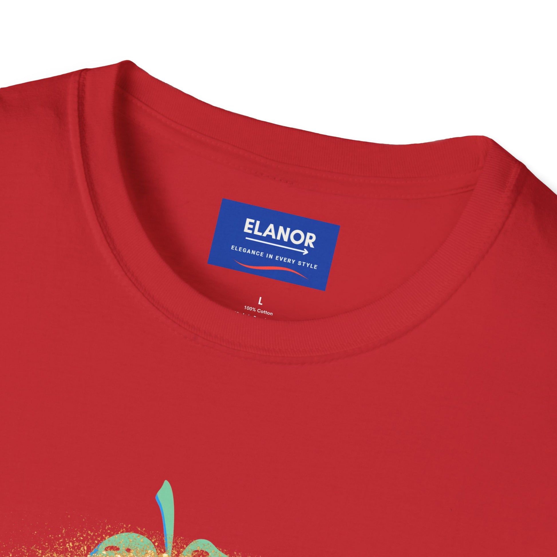 Red t-shirt with a blue 'ELANOR' label on a white background