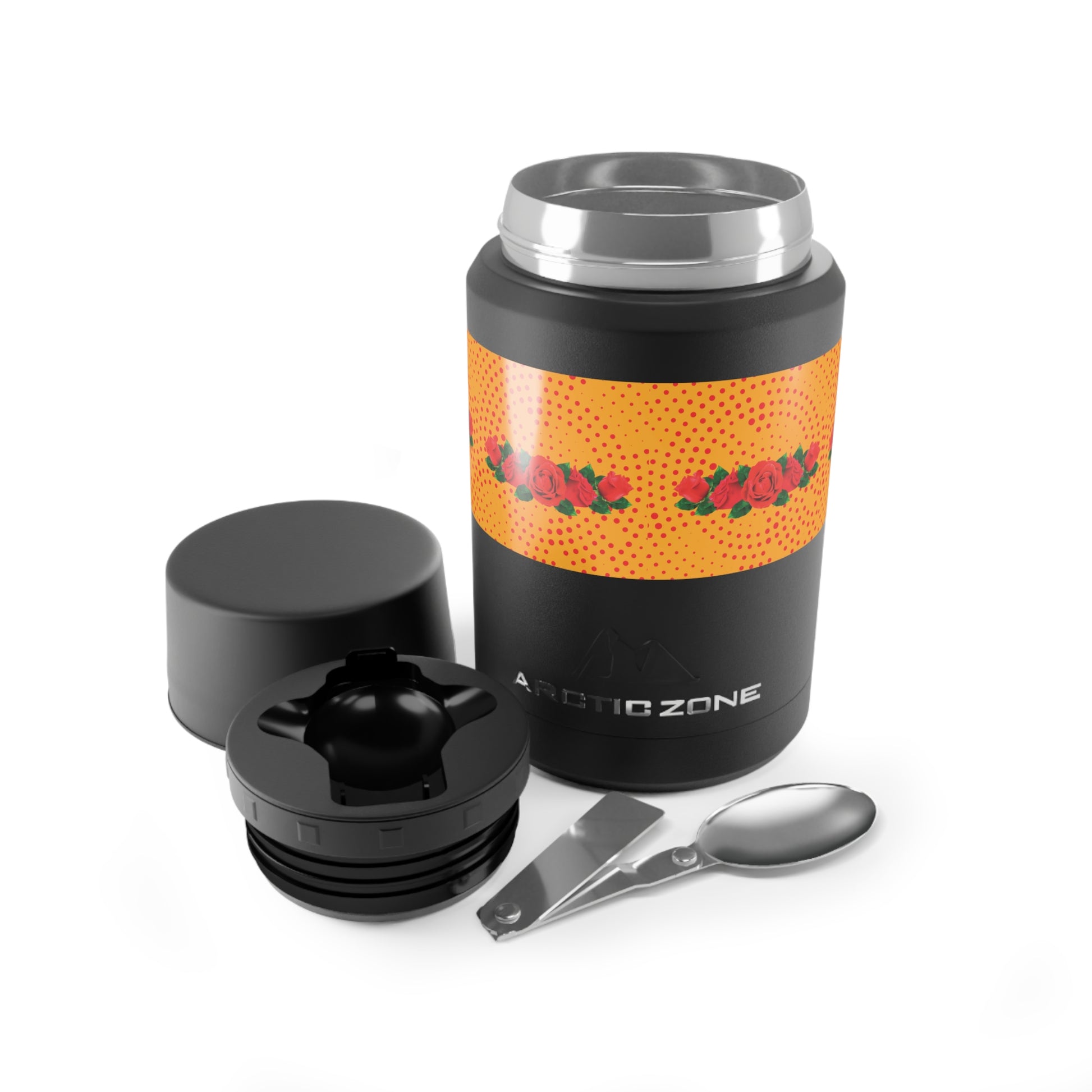 Black insulated food container with orange design and accessories on a white background