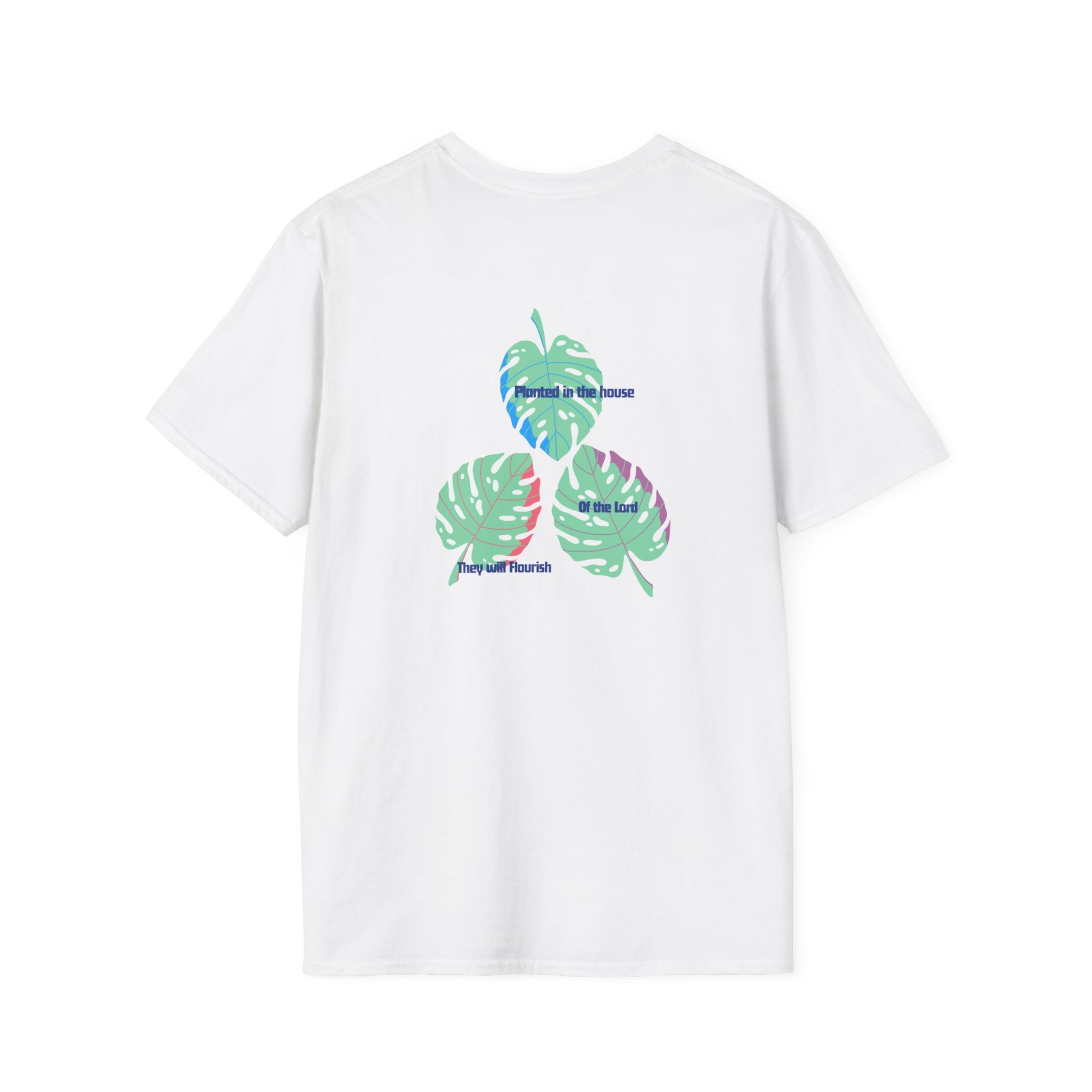 White t-shirt with colorful leaf design on a white background