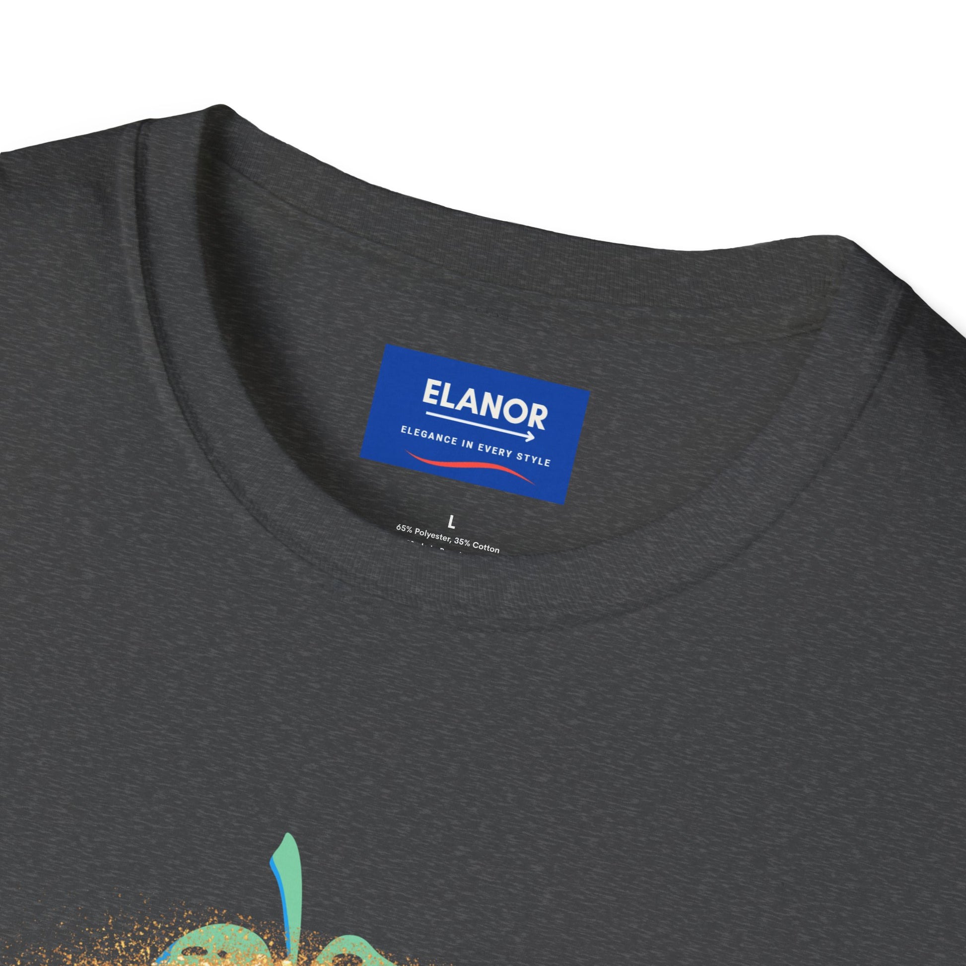 Close-up of a dark gray t-shirt with an ELANOR label on a white background