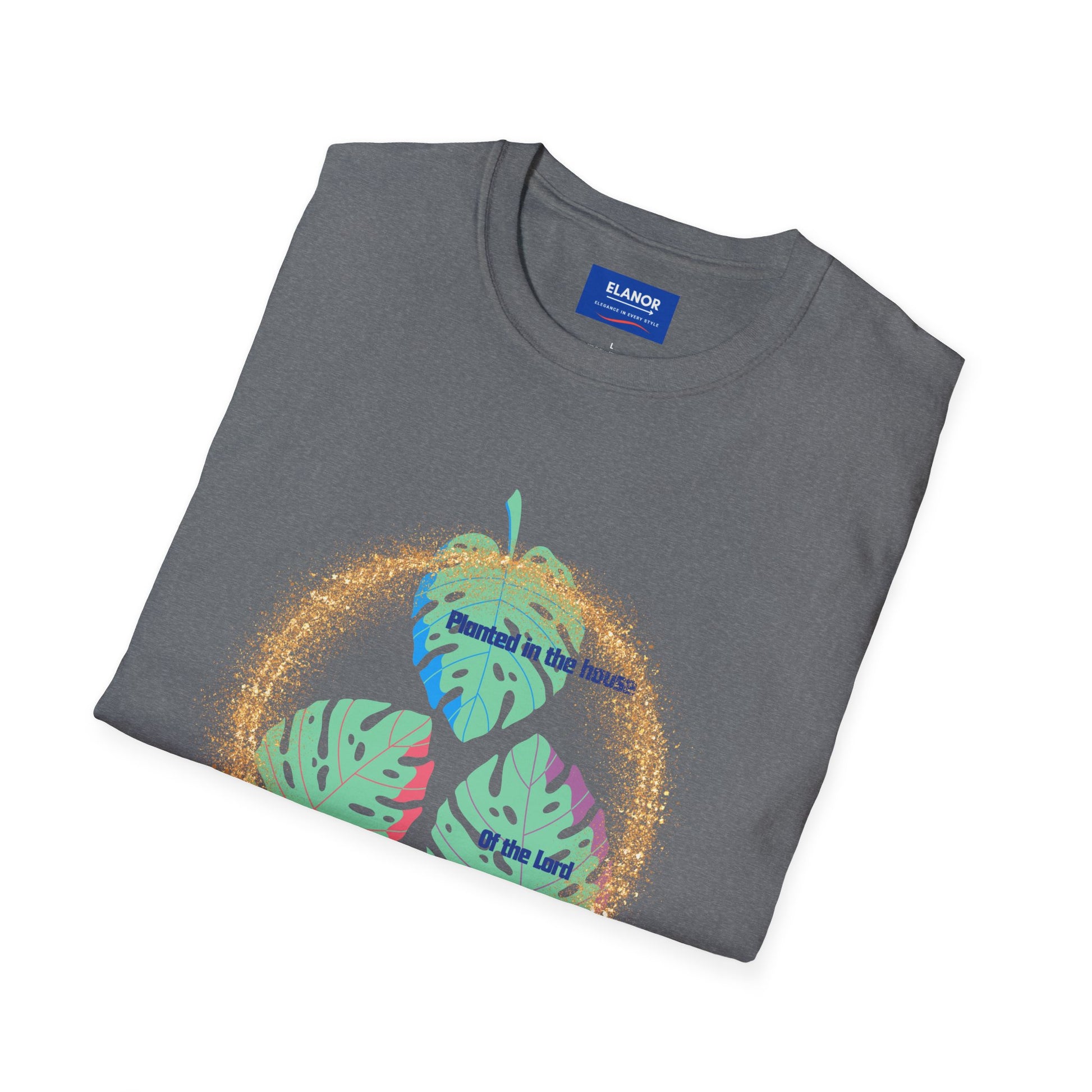 Folded gray t-shirt with colorful graphic design on a white background