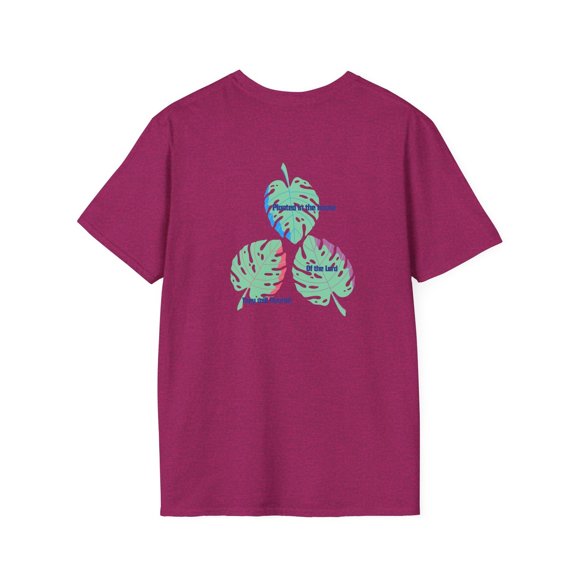 Purple t-shirt with colorful leaf design on the back against a white background