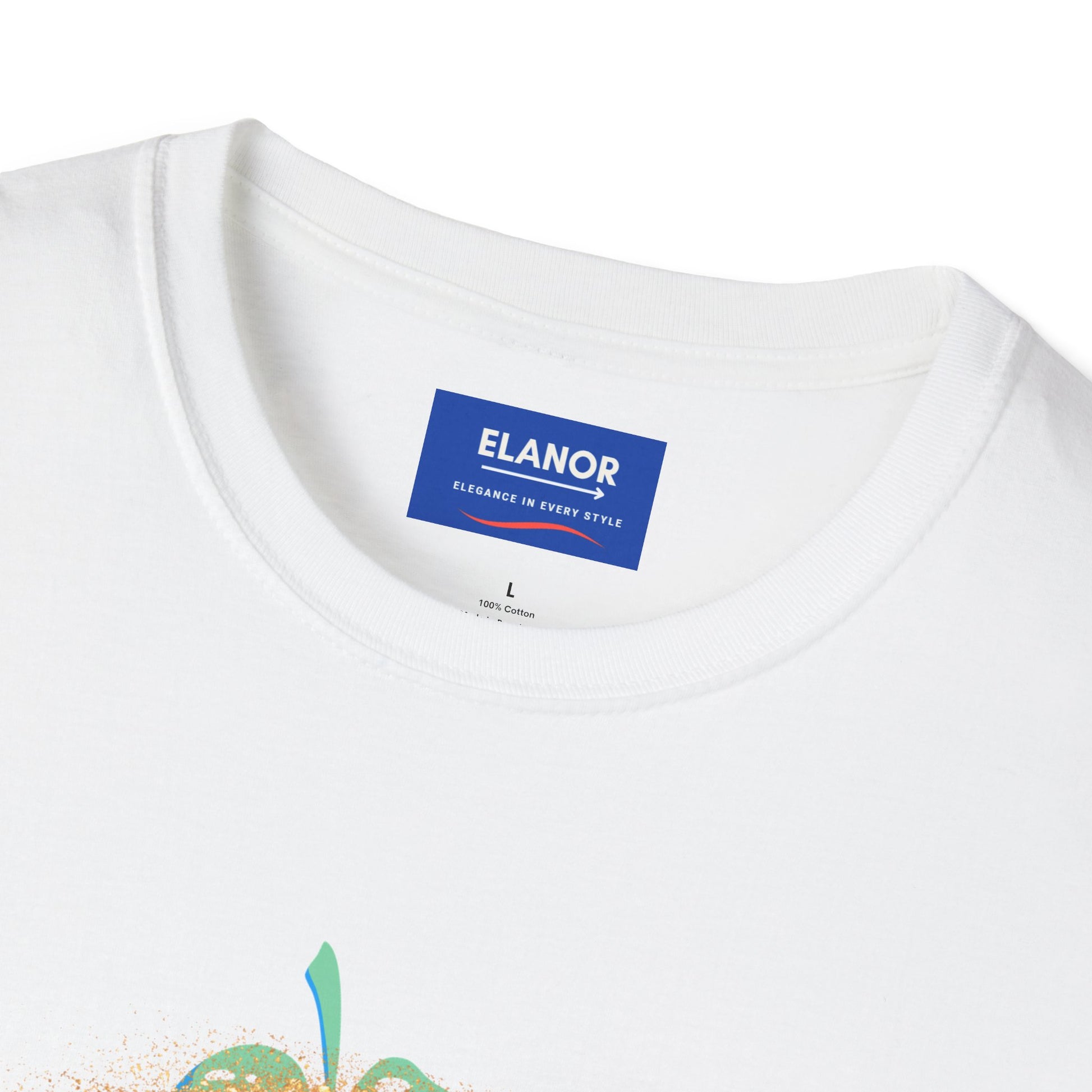 White t-shirt with a visible brand label on a white background