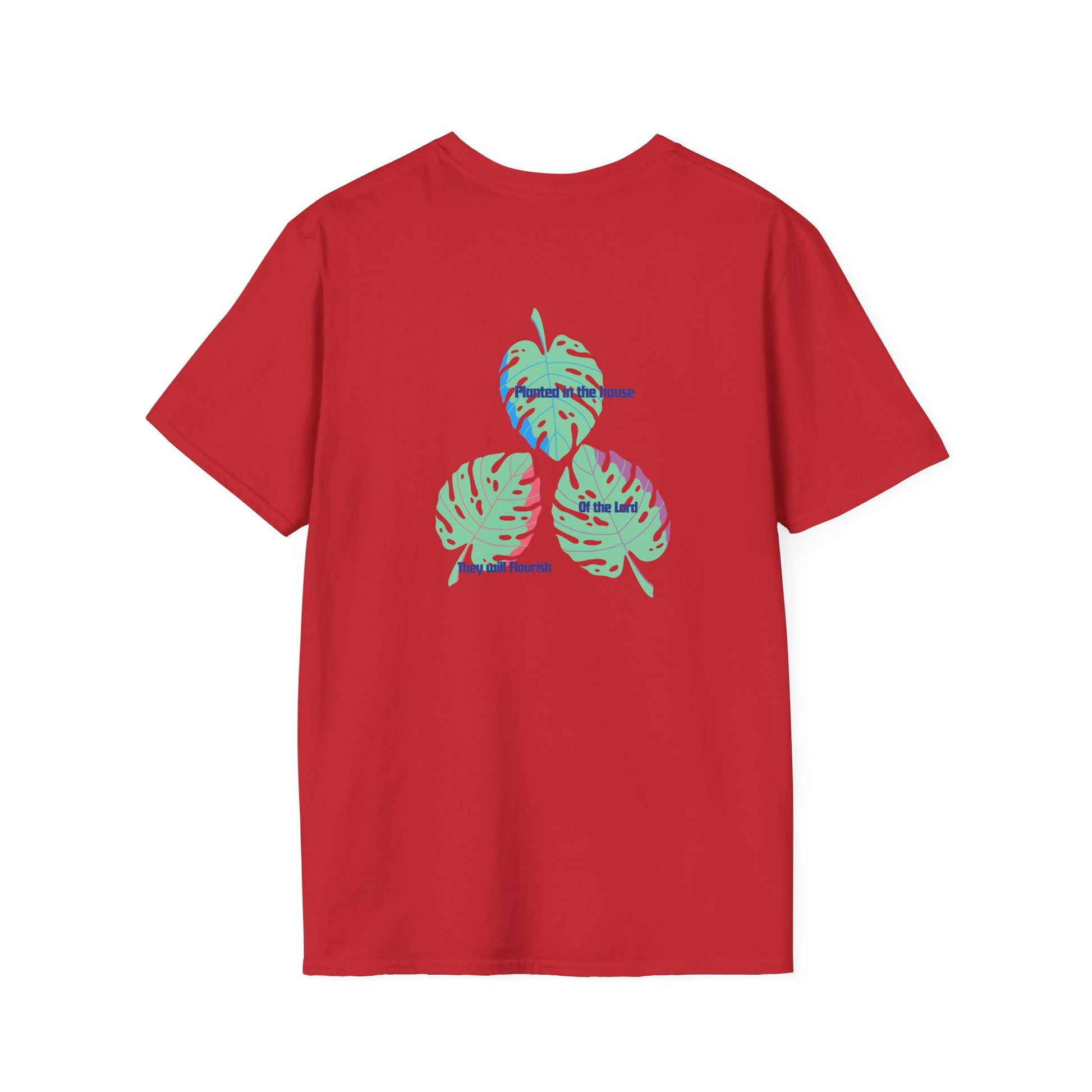 Red t-shirt with green leaf design on a white background