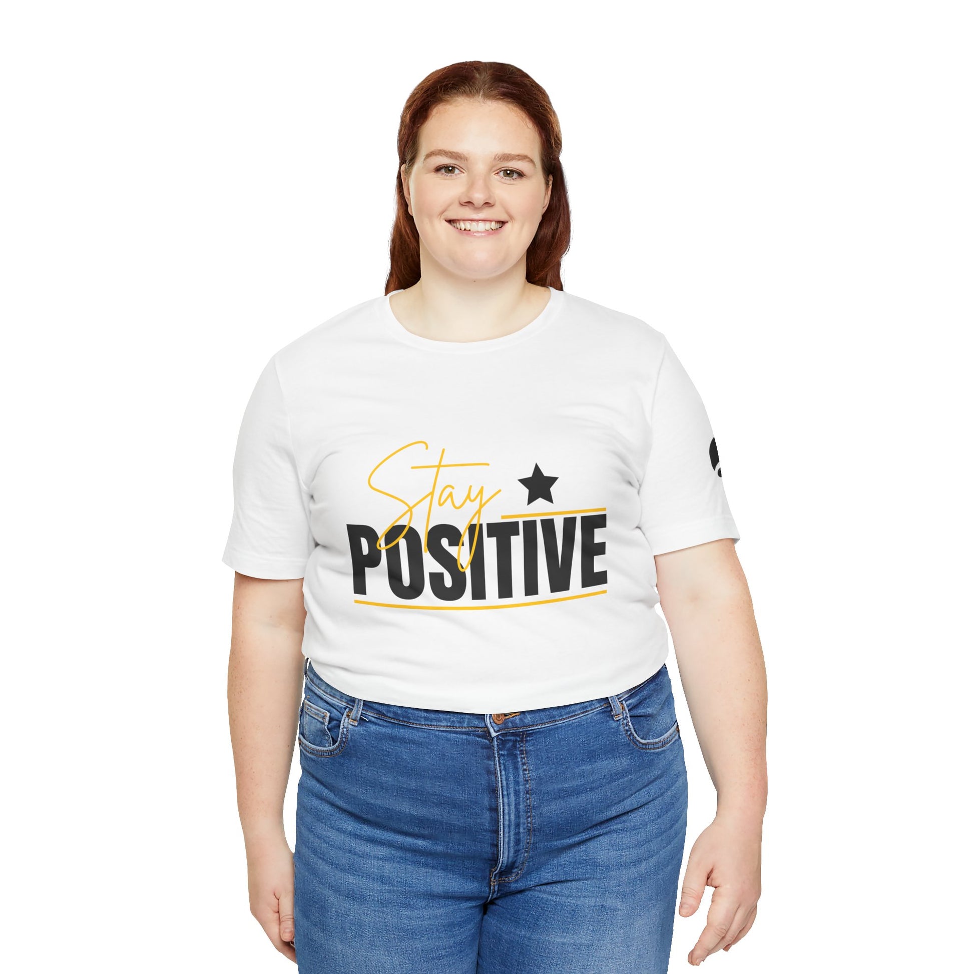 Person wearing a white t-shirt with 'Stay Positive' text on a white background