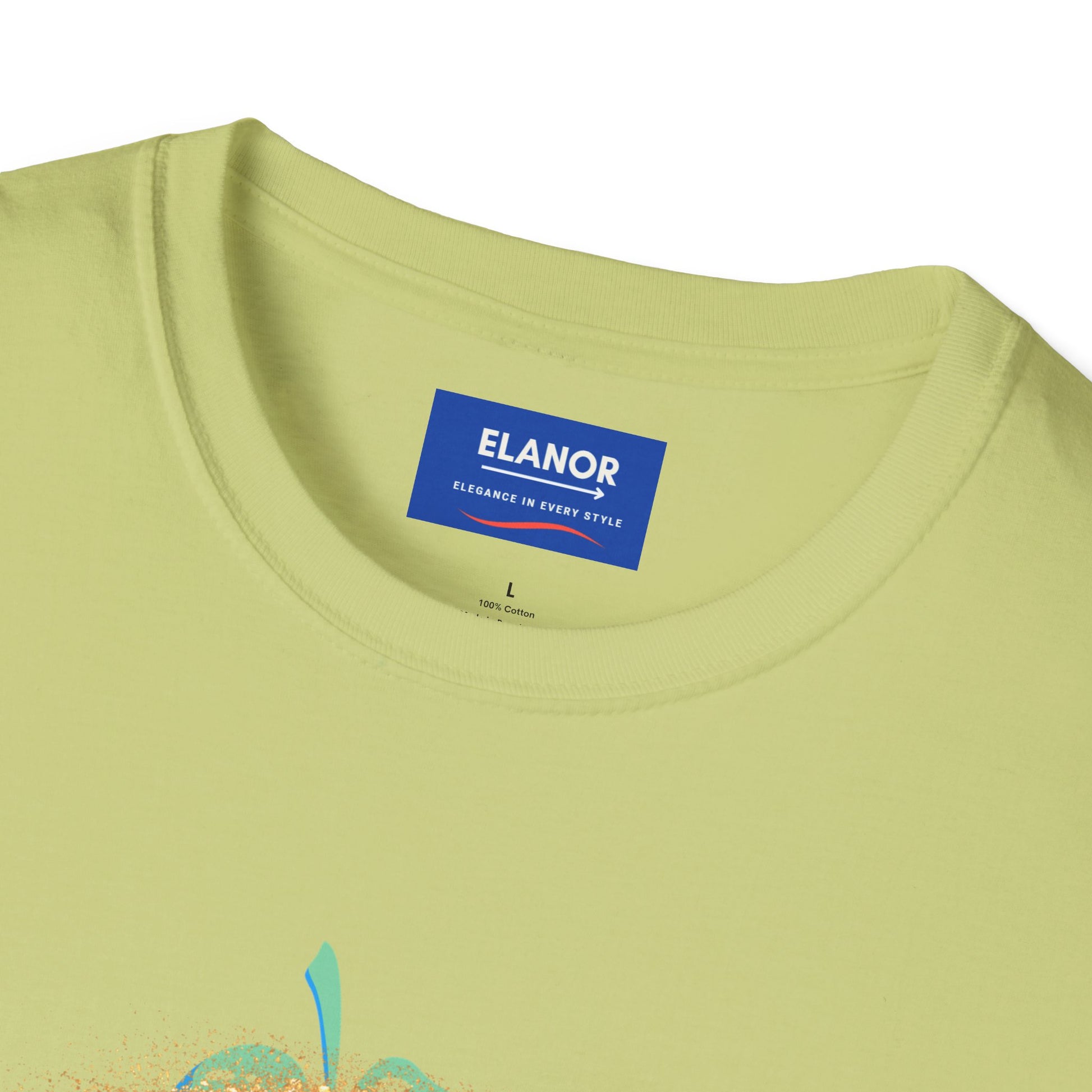 Close-up of a green t-shirt with an 'ELANOR' label on a white background