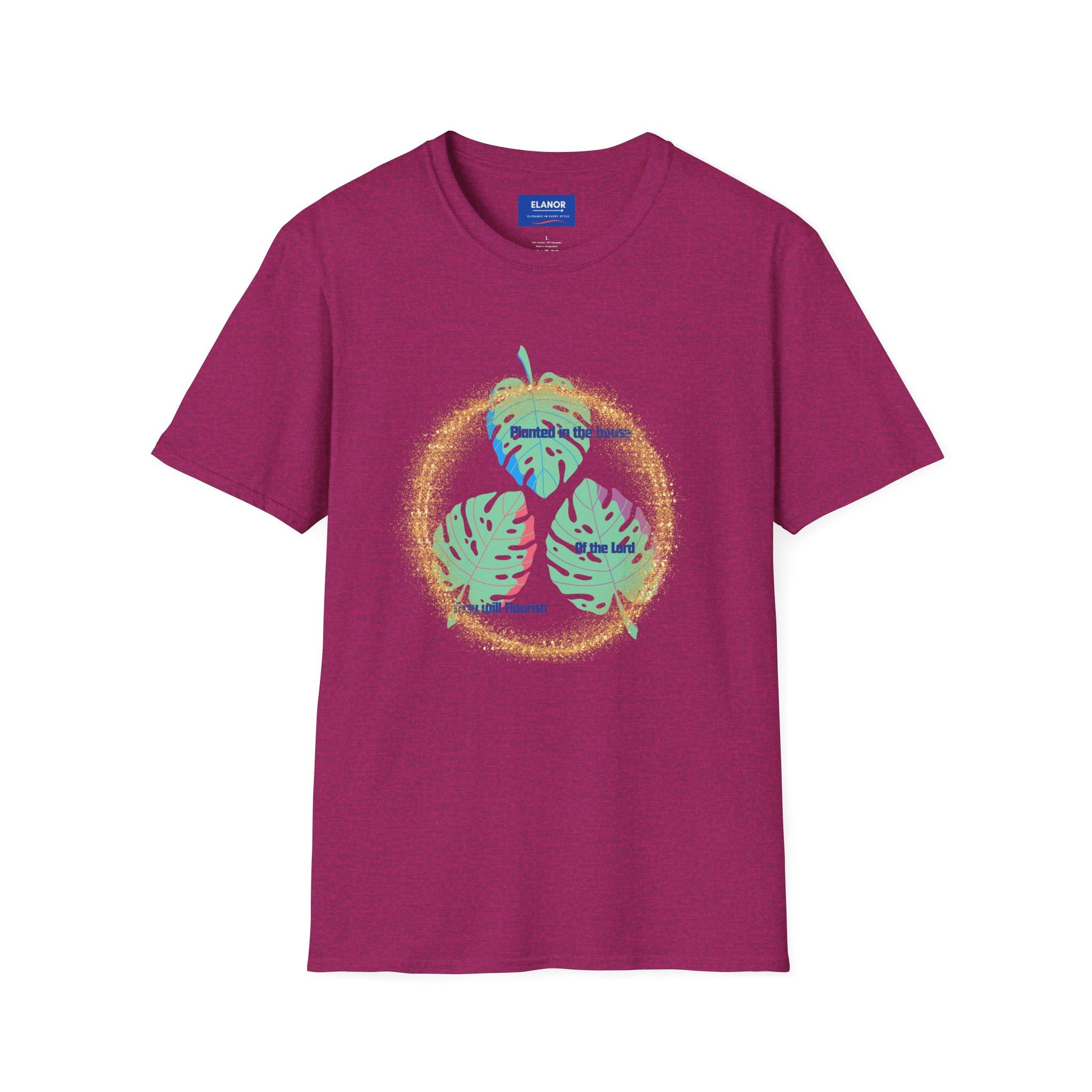 Purple-Heliconia t-shirt with tropical leaf design on a white background