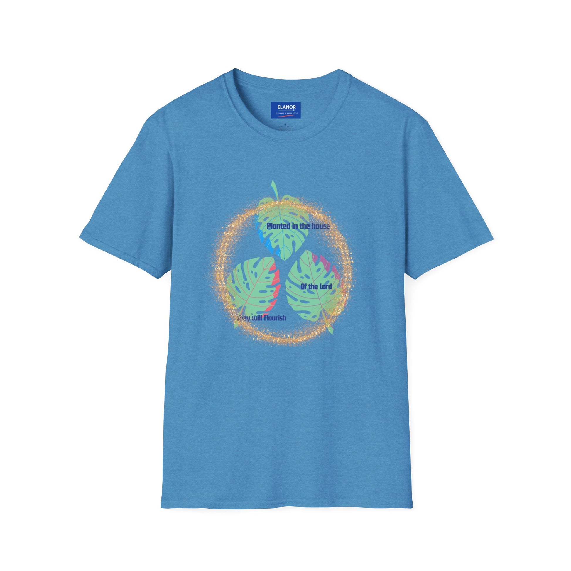 Blue t-shirt with colorful leaf design on a white background