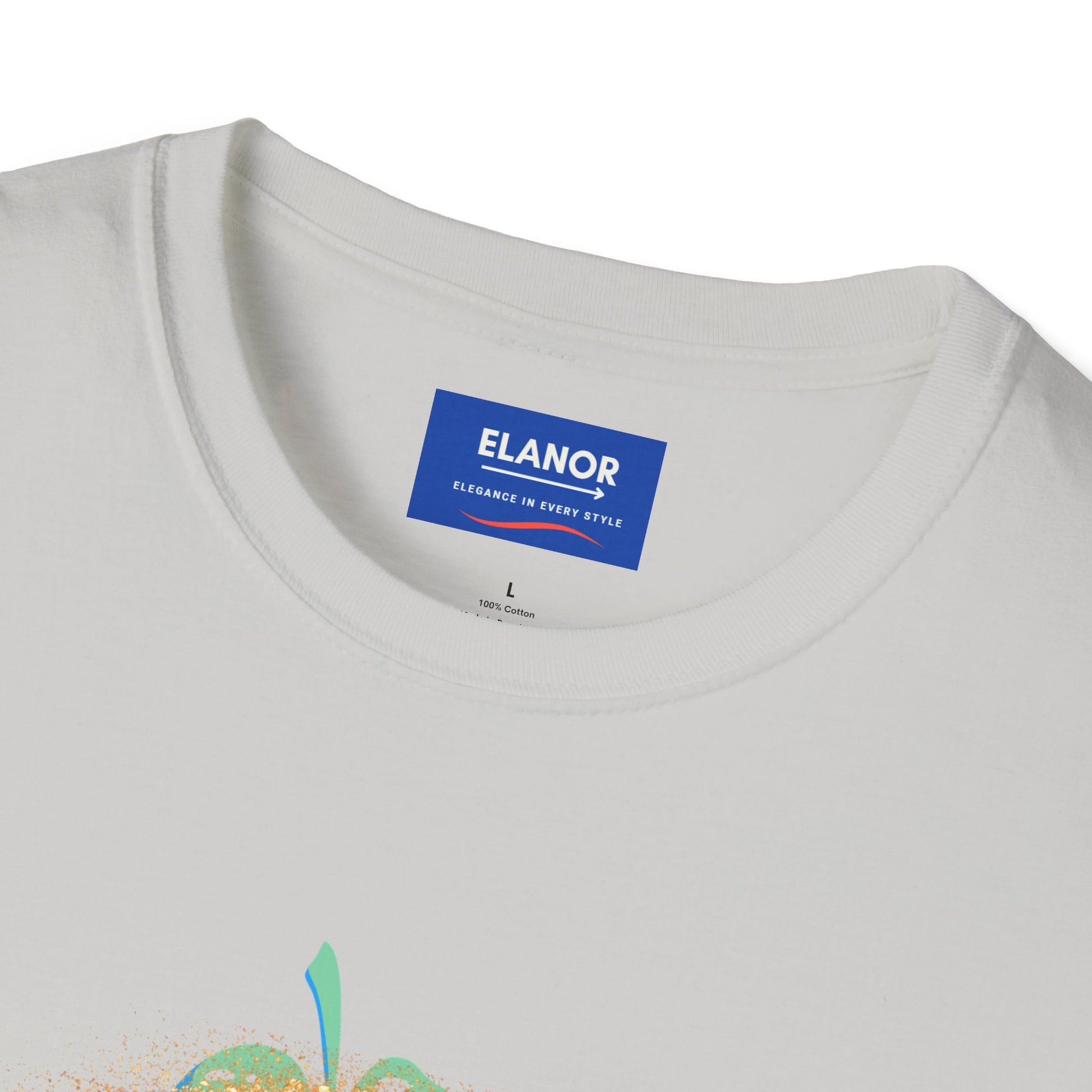 Close-up of a white t-shirt with an 'Elanor' label on a white background
