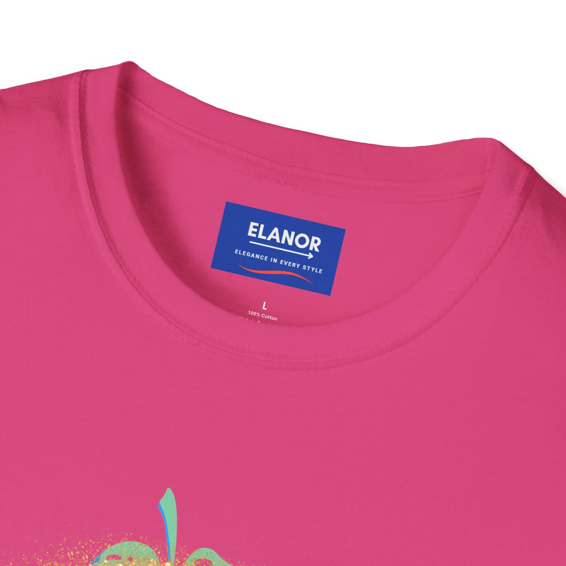 Close-up of a pink t-shirt with an 'ELANOR' label on a white background
