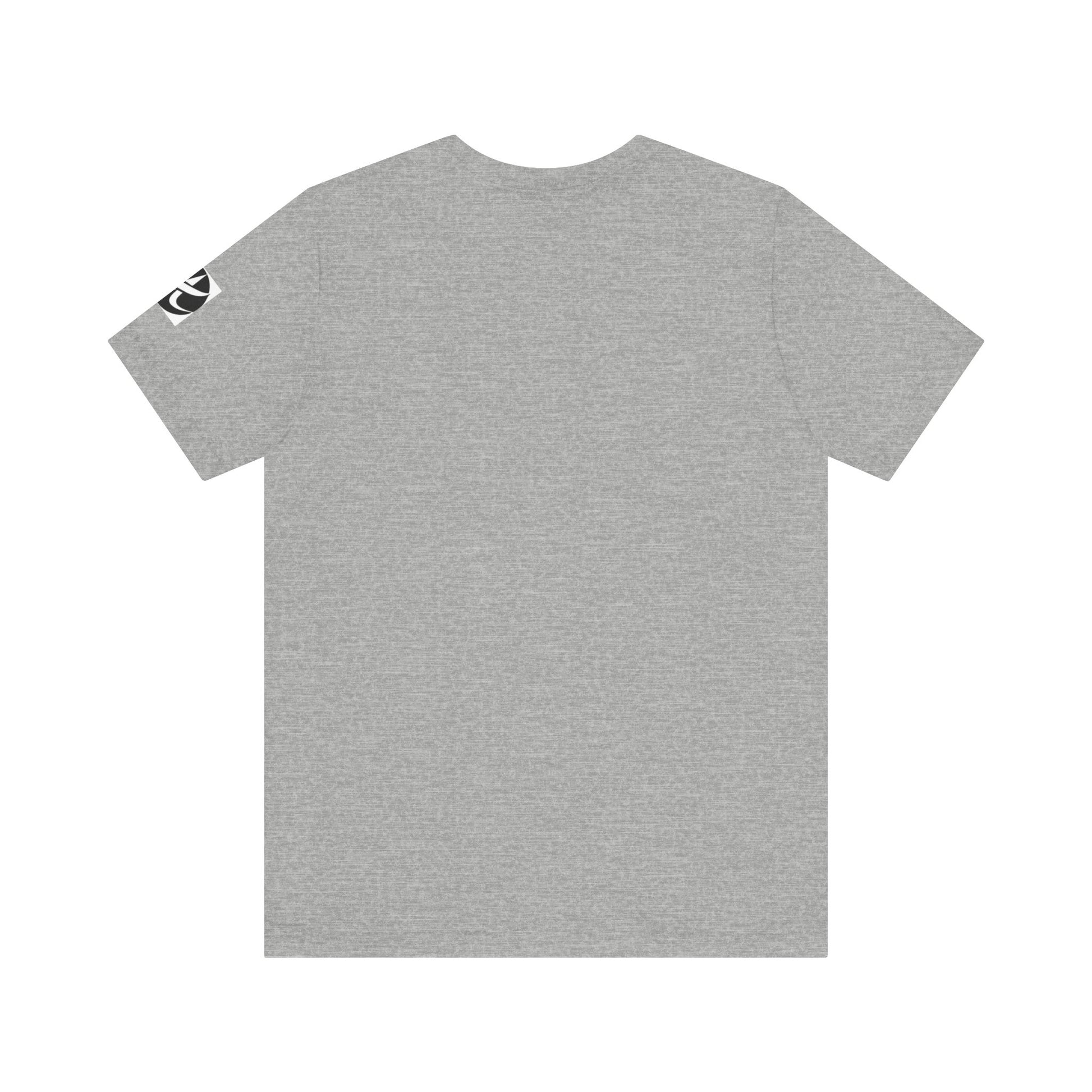 Gray t-shirt with a small logo on the back against a white background