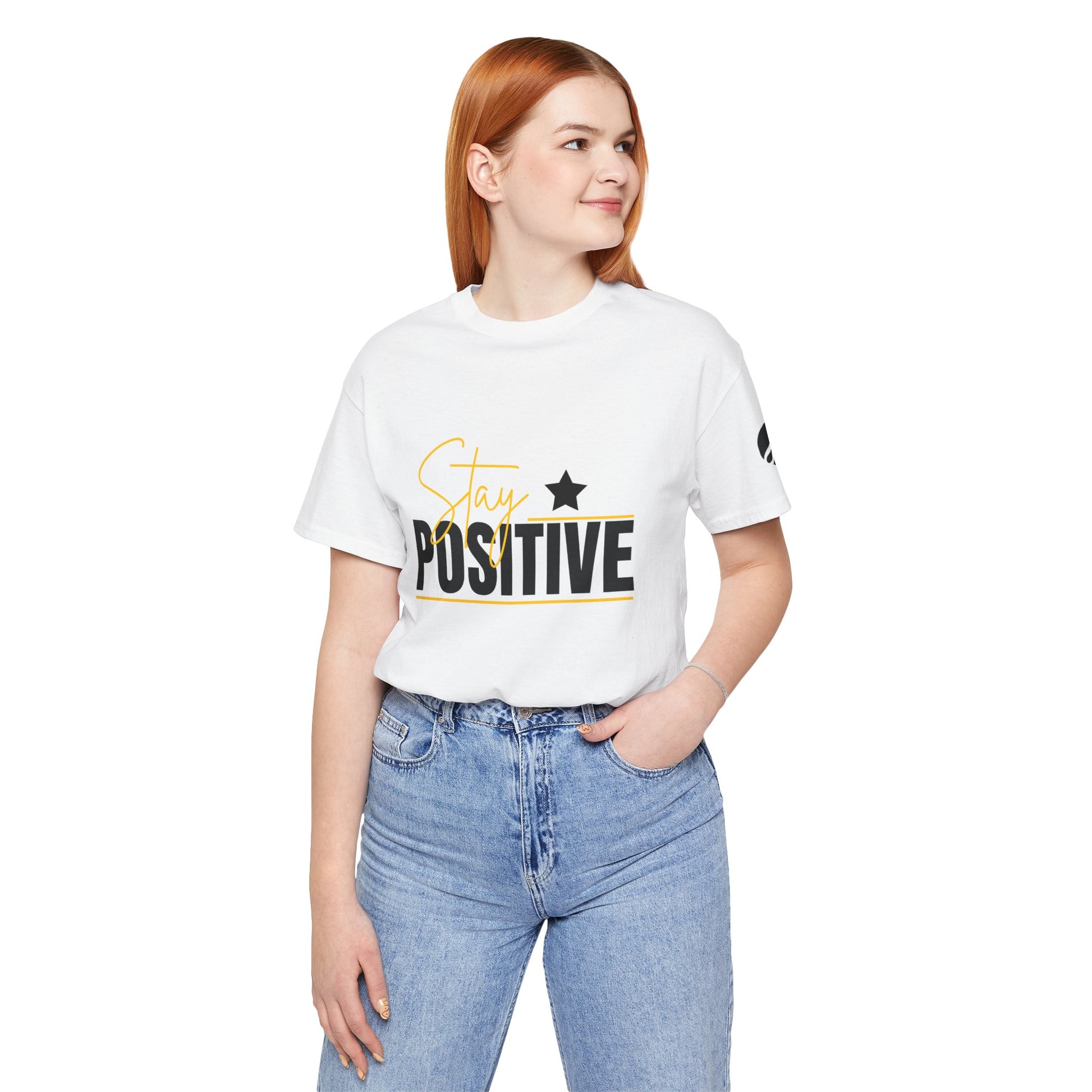 Person wearing a white t-shirt with 'Stay Positive' text on a white background