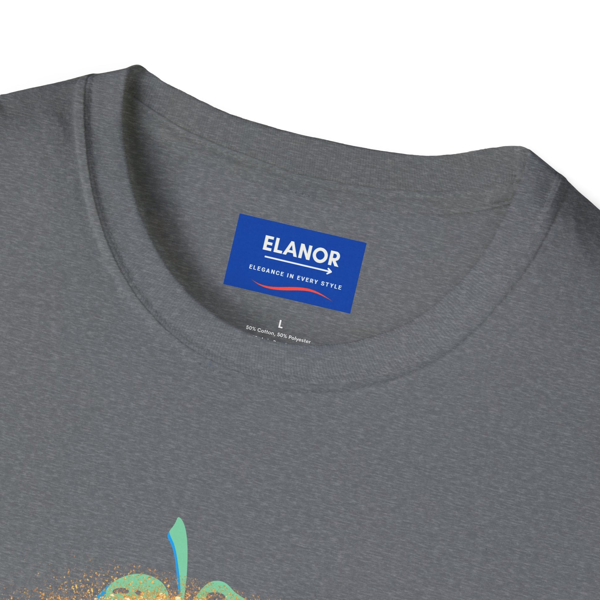 Gray t-shirt with ELANOR label on a white background