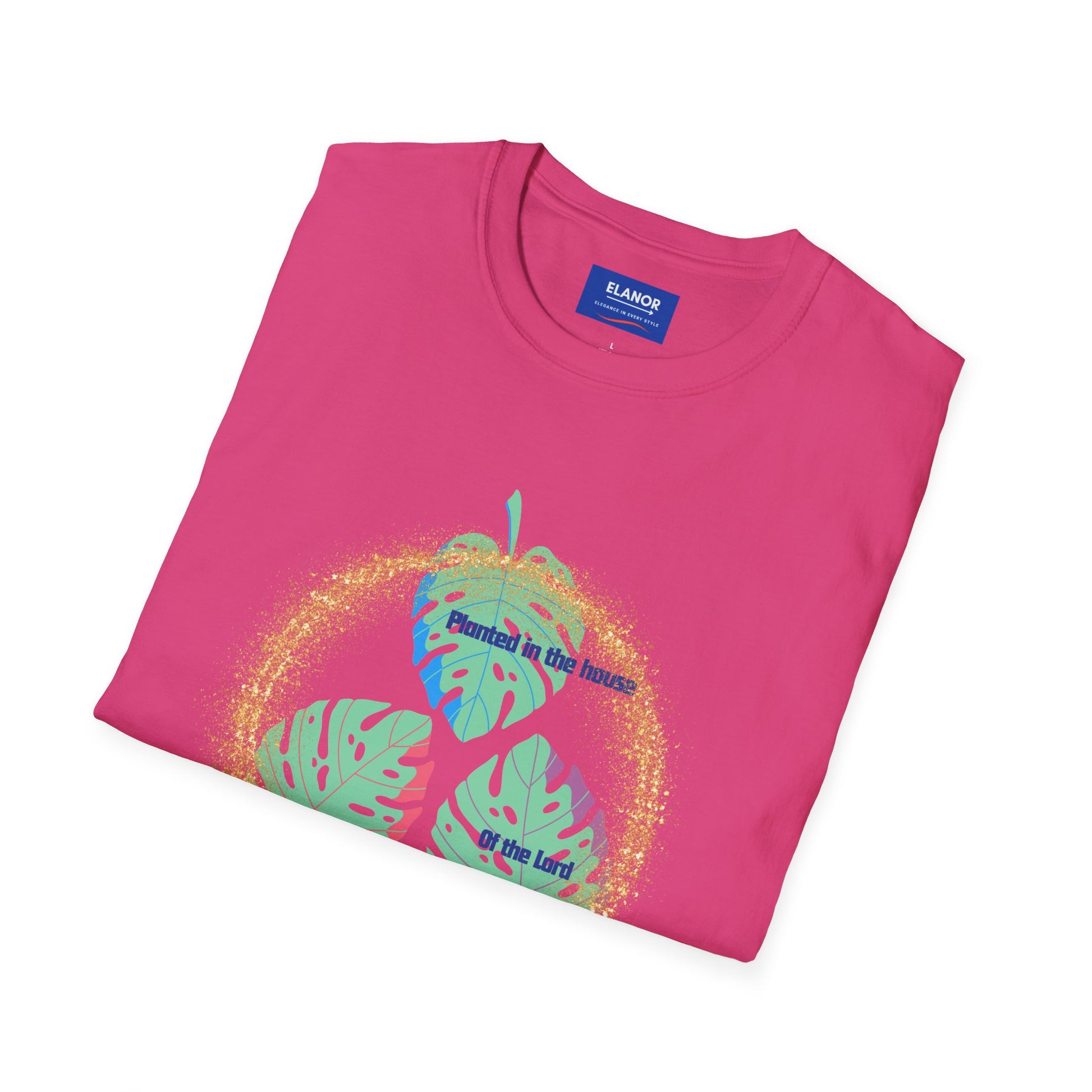 Pink t-shirt with colorful design and 'Elanor' branding on a white background