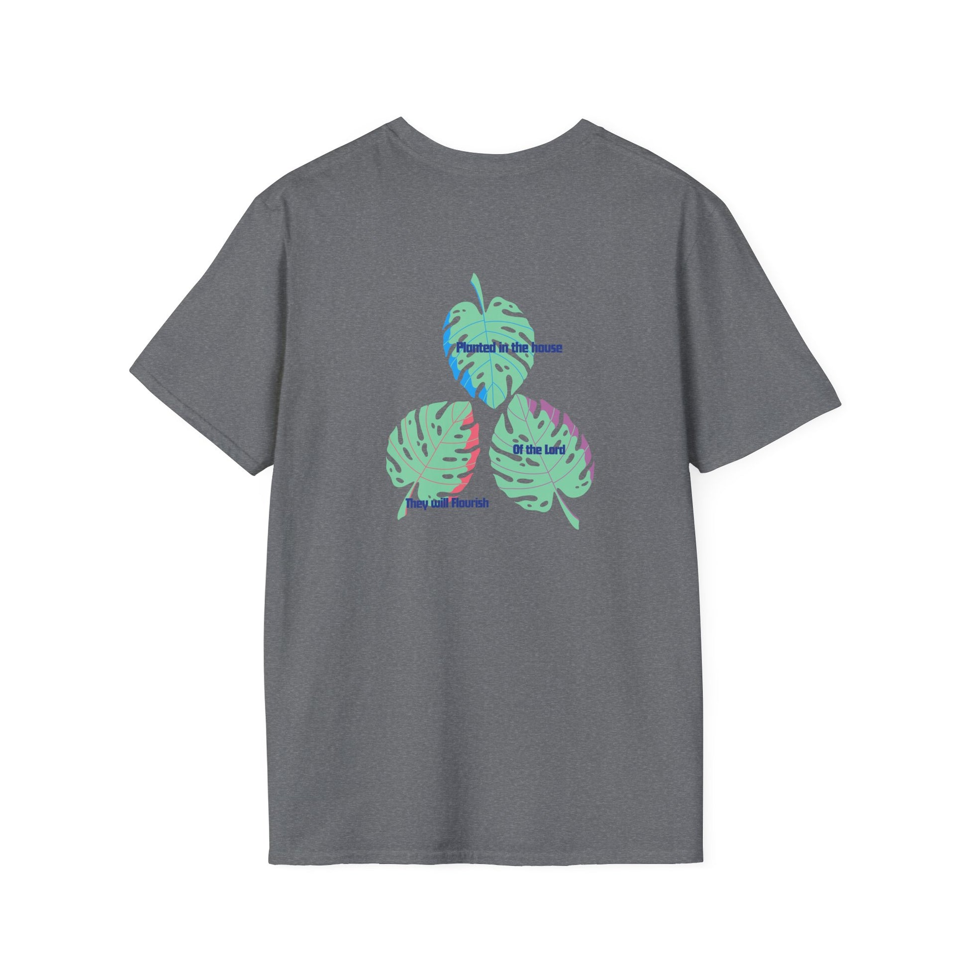 Gray t-shirt with colorful leaf design on the back against a white background