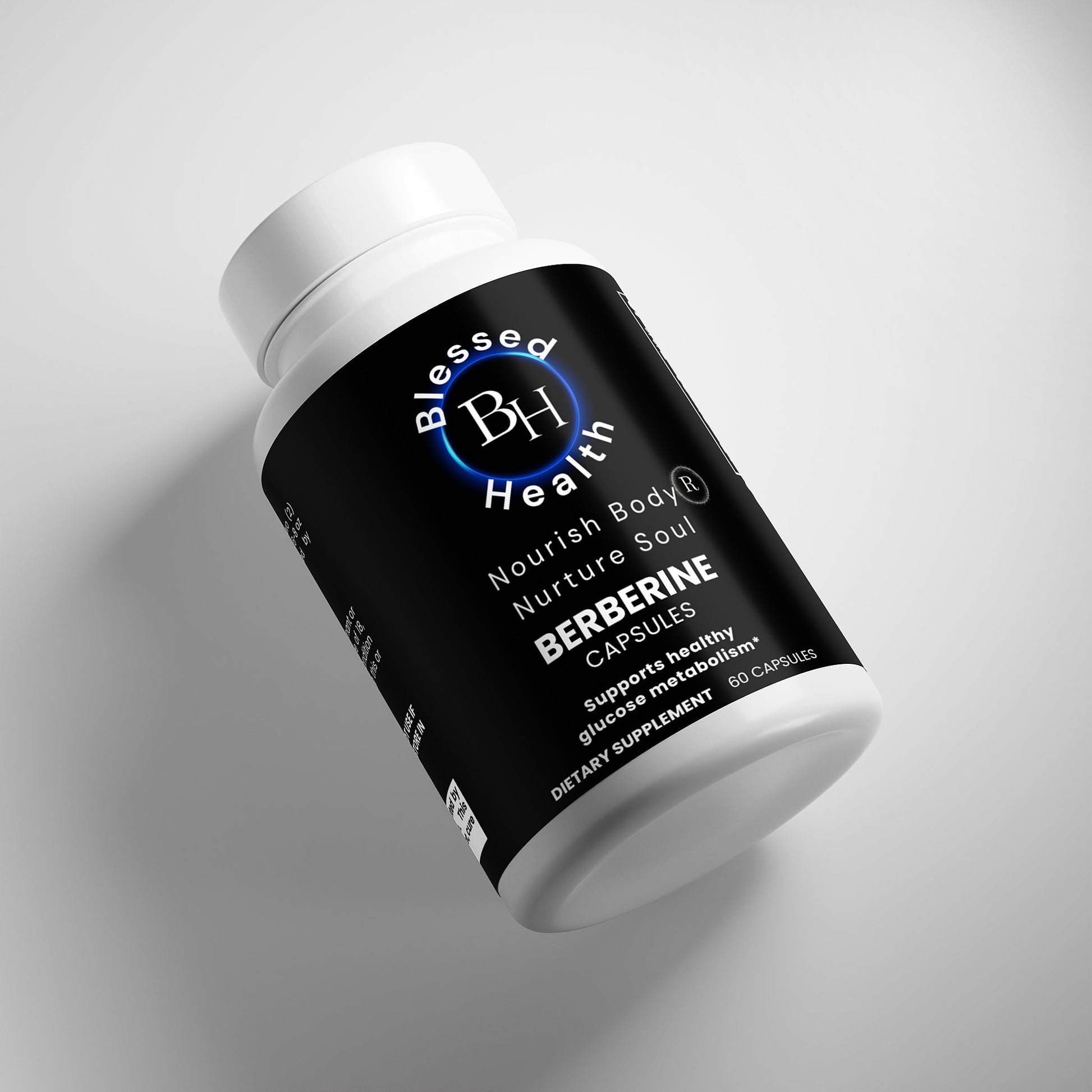 Blessed Health Berberine capsules container on a gray background