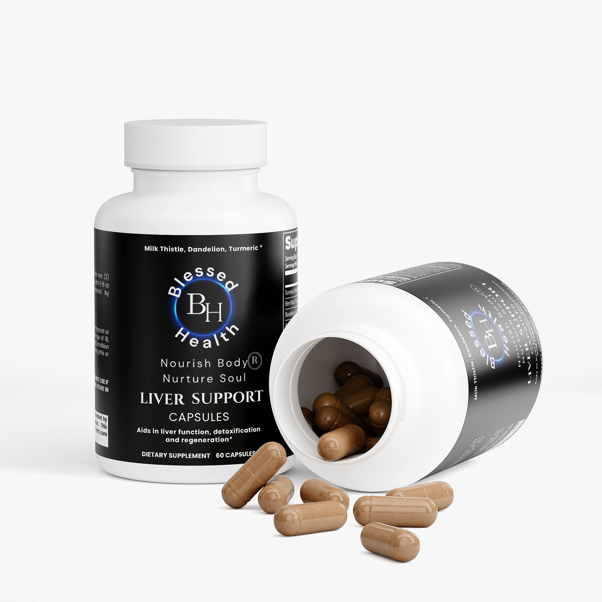 Blessed Health liver support capsules with open bottle on a white background