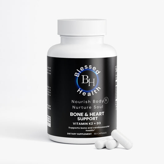 Blessed Health dietary supplement bottle with capsules on a white background