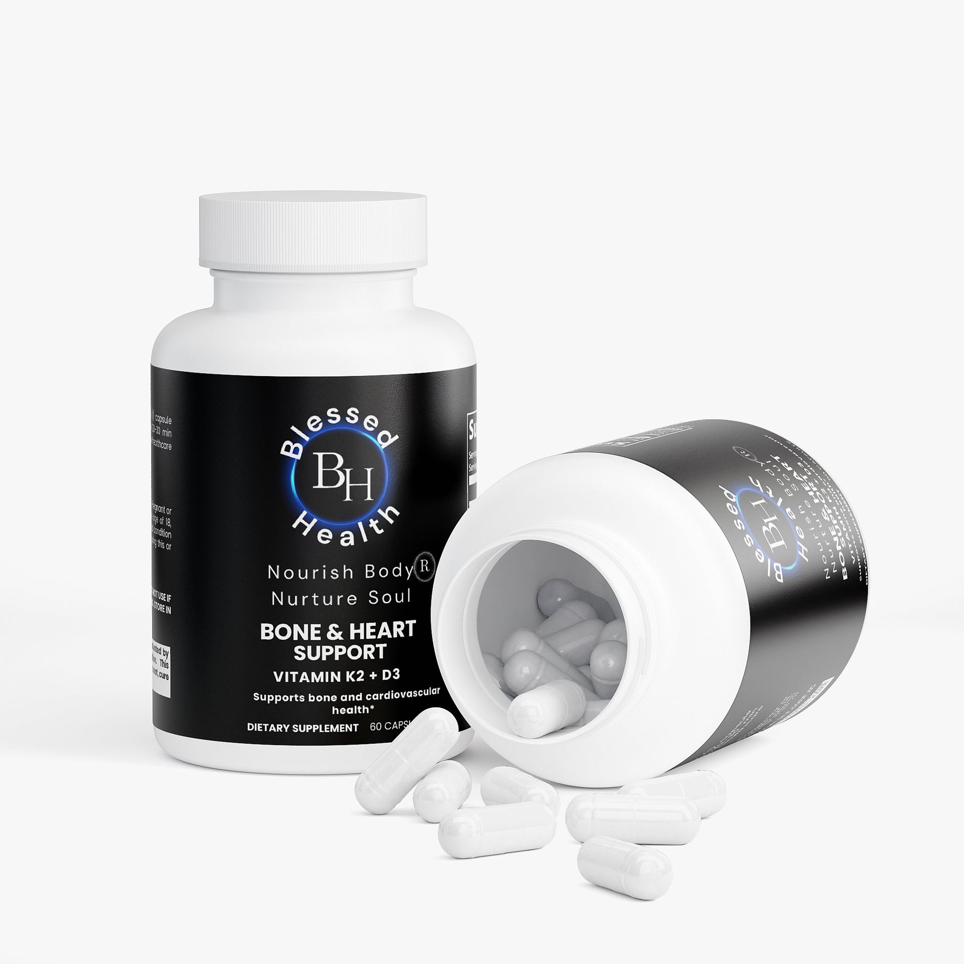 Blessed Health bone and heart support supplement bottle with pills on a white background