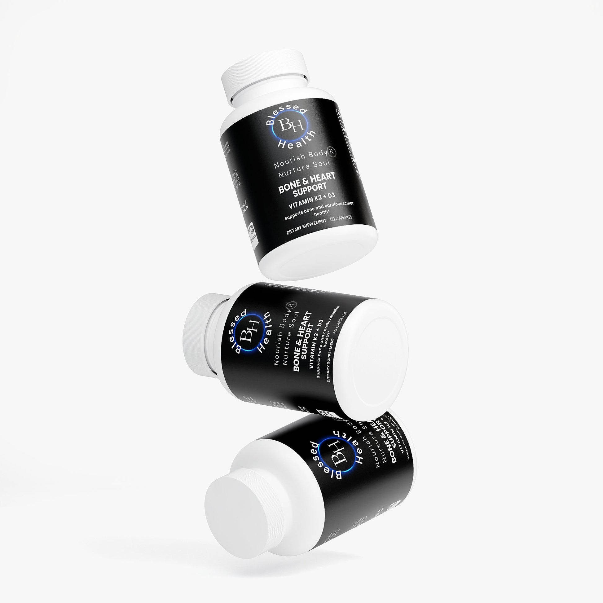 Three bottles of B12 Health supplements on a white background