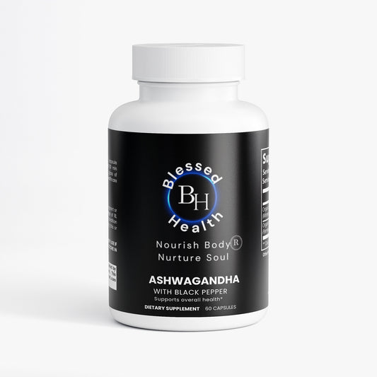 Supplement bottle labeled 'Blessed Health' on a white background