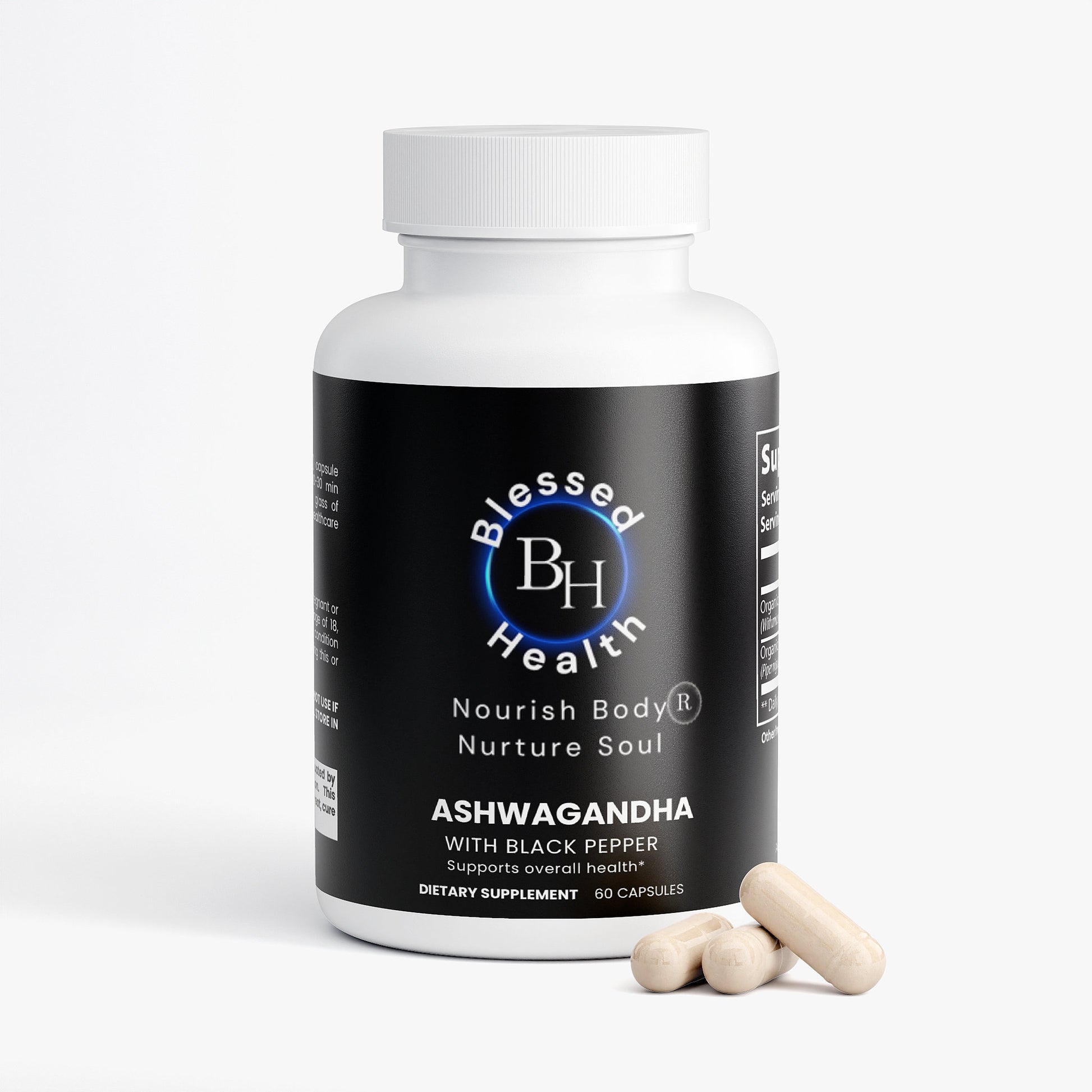 Blessed Health Ashwagandha supplement bottle with capsules on a white background