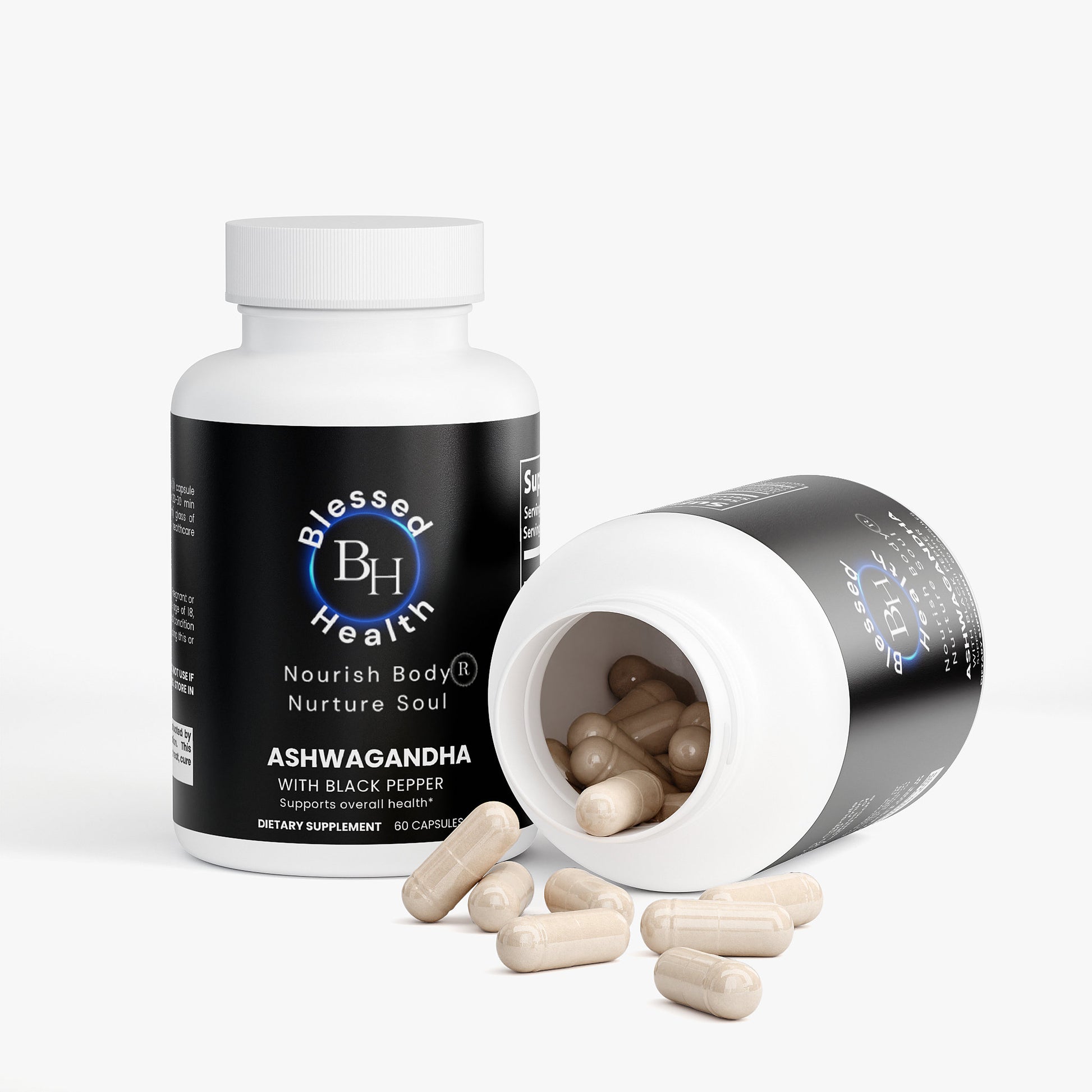 Blessed Health Ashwagandha supplement bottle with open cap showing capsules on a white background
