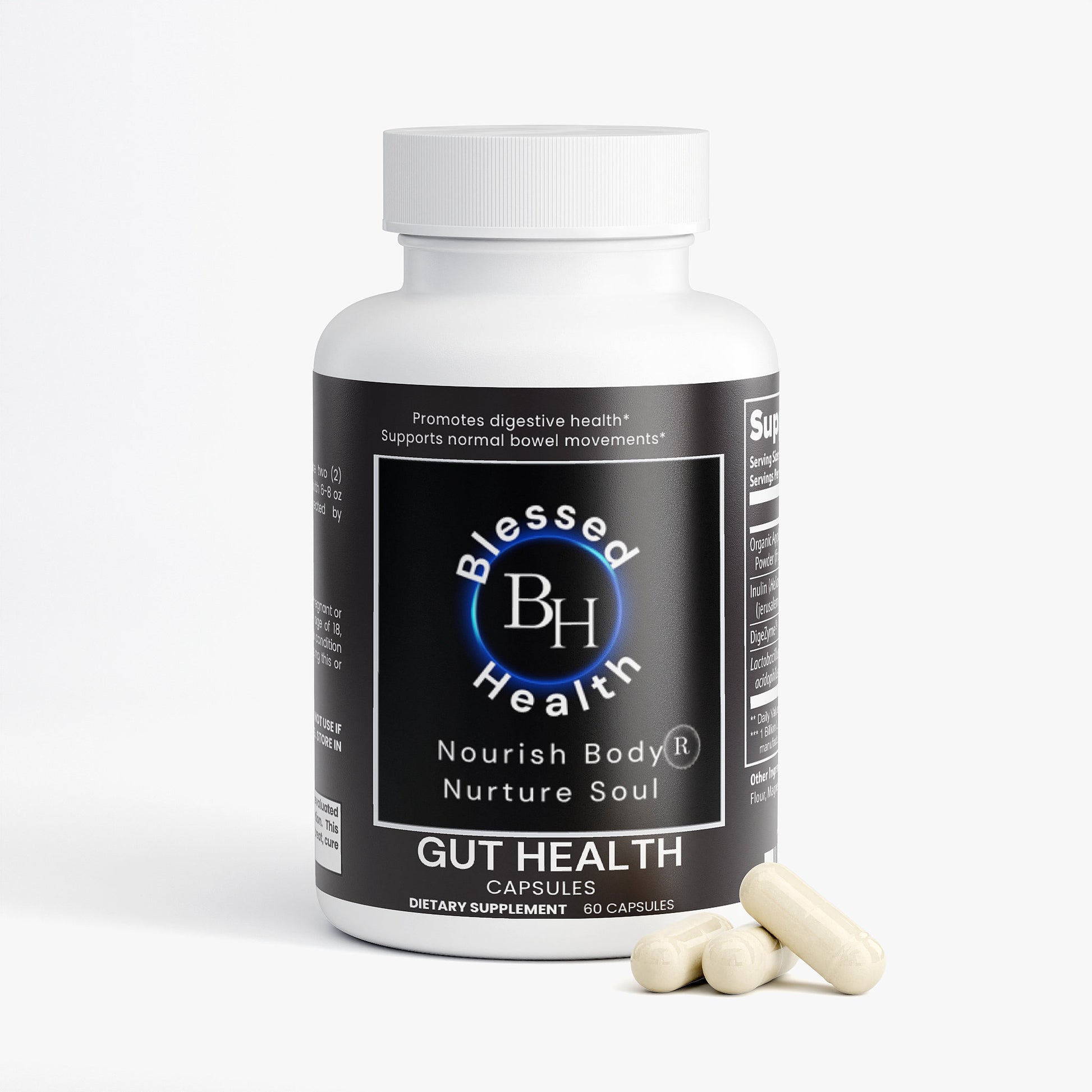 Blessed Health gut health supplement bottle with capsules on a white background