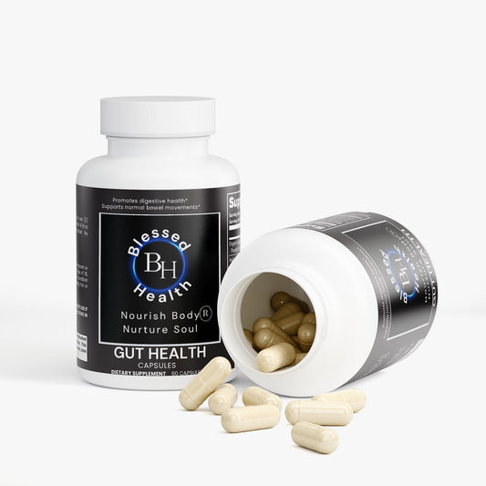 Blessed Health gut health supplement bottle with open cap showing capsules on a white background