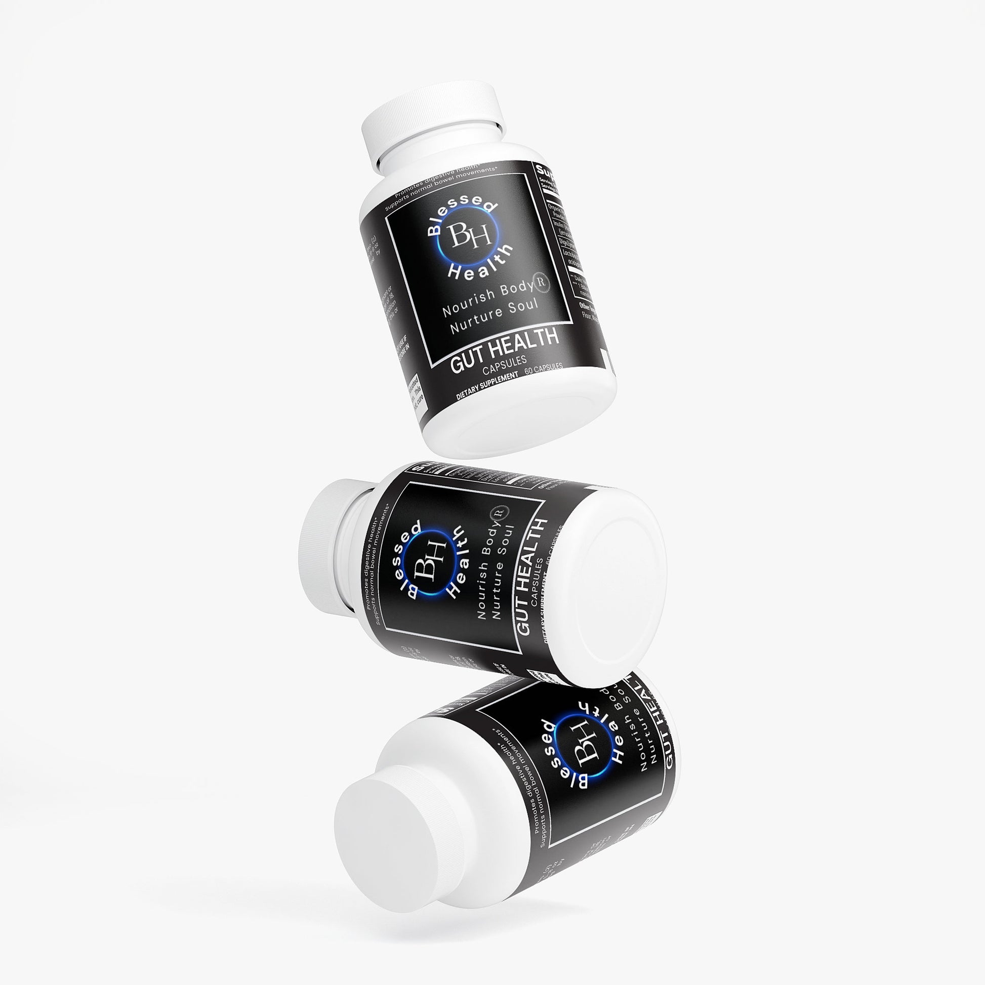 Three bottles of a supplement labeled 'Gut Health' on a white background