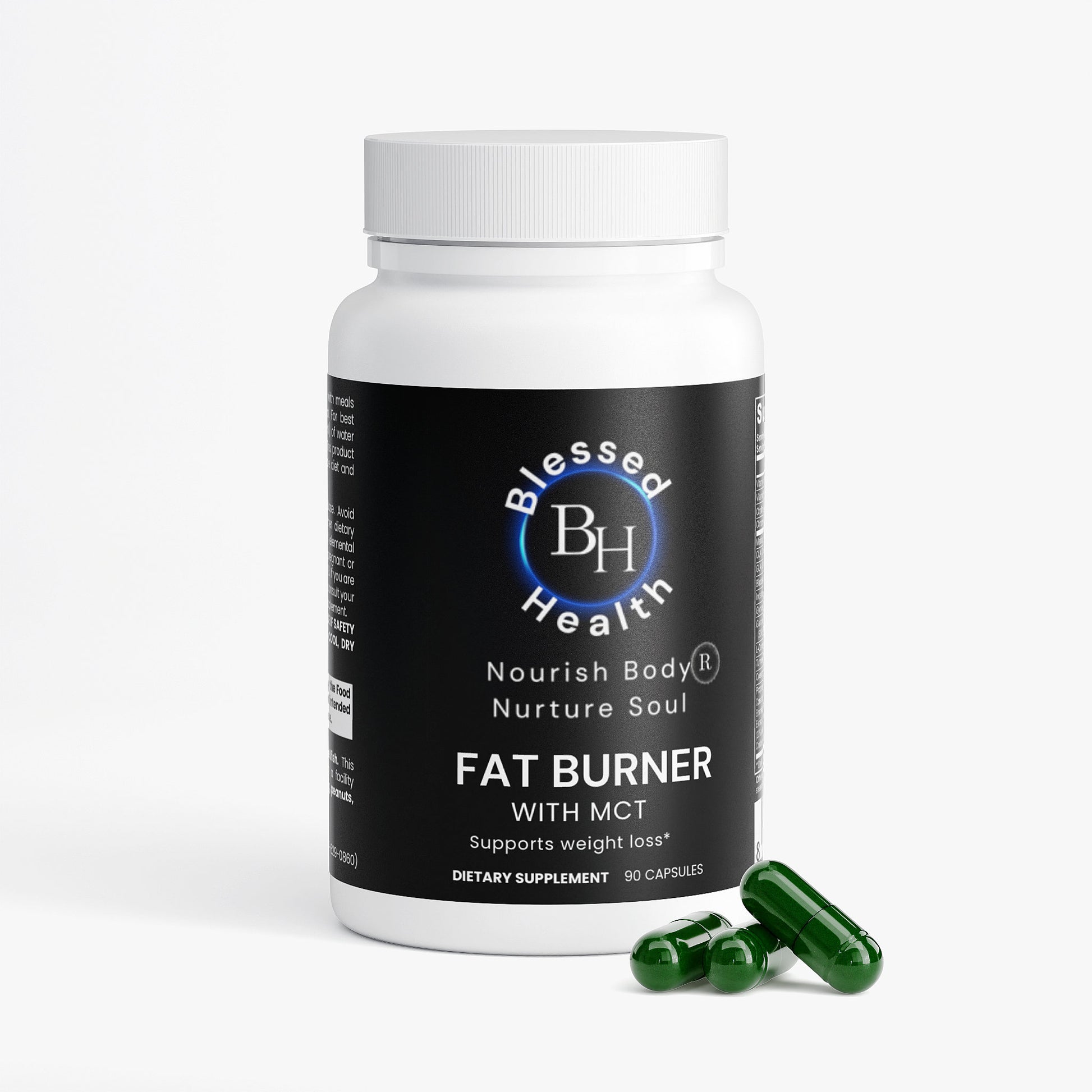Blessed Health Fat Burner supplement bottle with capsules on a white background