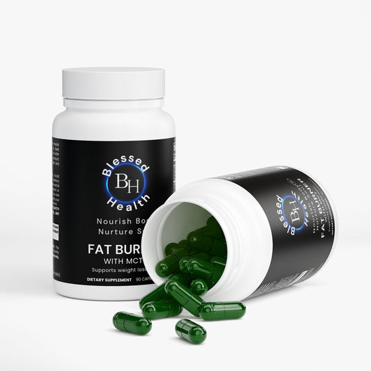 Blessed Health dietary supplement bottle with green capsules on a white background