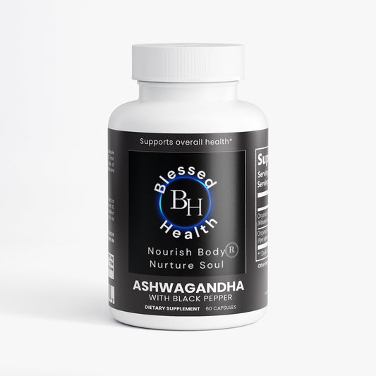 Blessed Health Ashwagandha supplement bottle on a white background