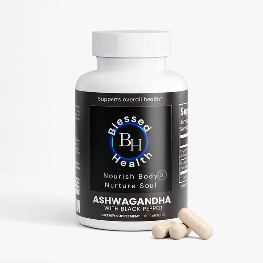 Blessed Health Ashwagandha supplement bottle with capsules on a white background