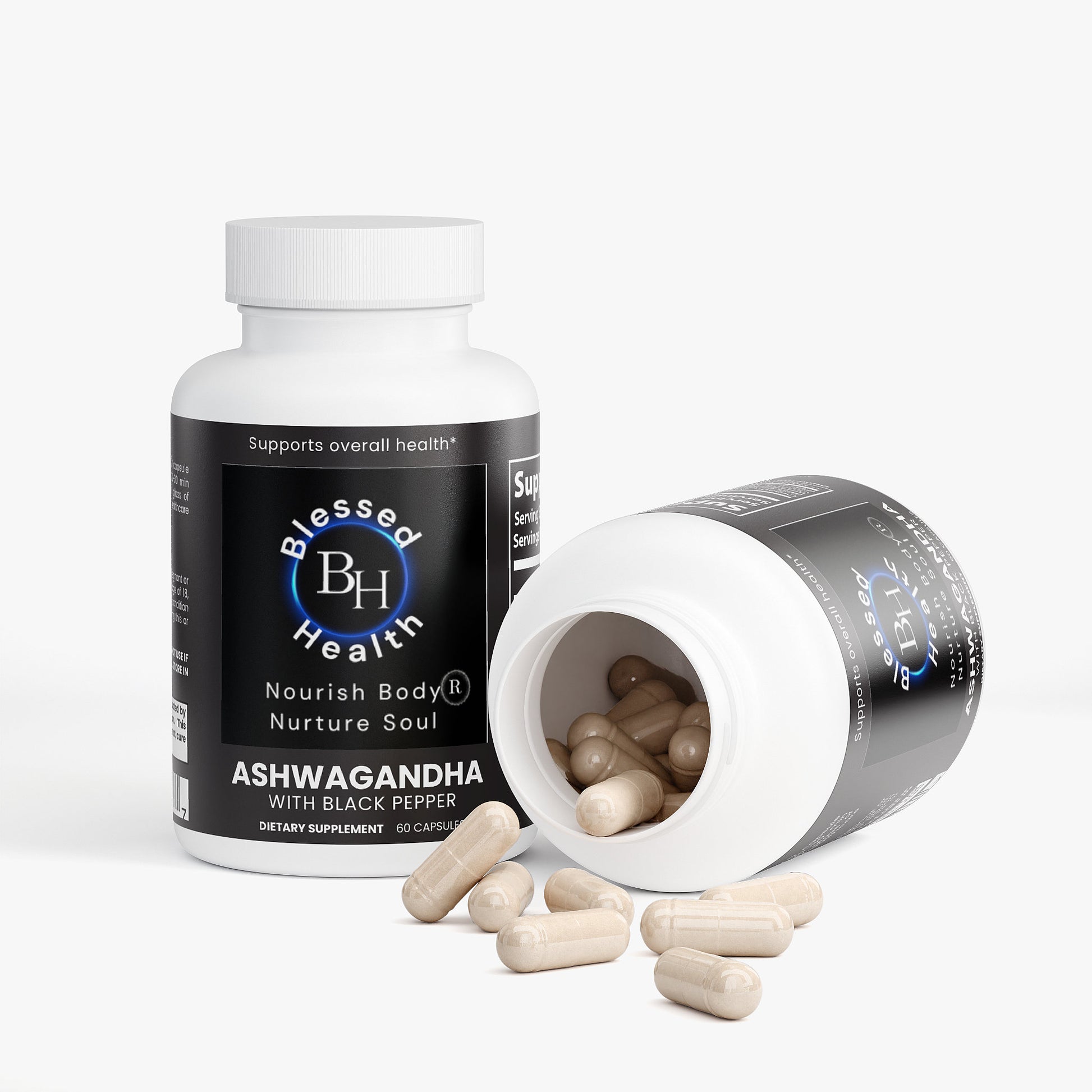 Blessed Health Ashwagandha supplement bottle with open cap showing capsules on a white background
