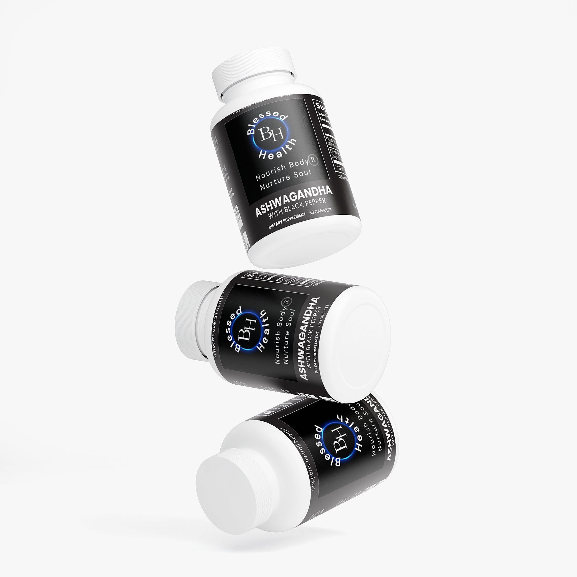 Three bottles of Bubba Health Ashwagandha supplement on a white background