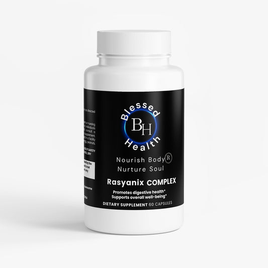 Supplement bottle labeled 'Blessed Health' on a white background