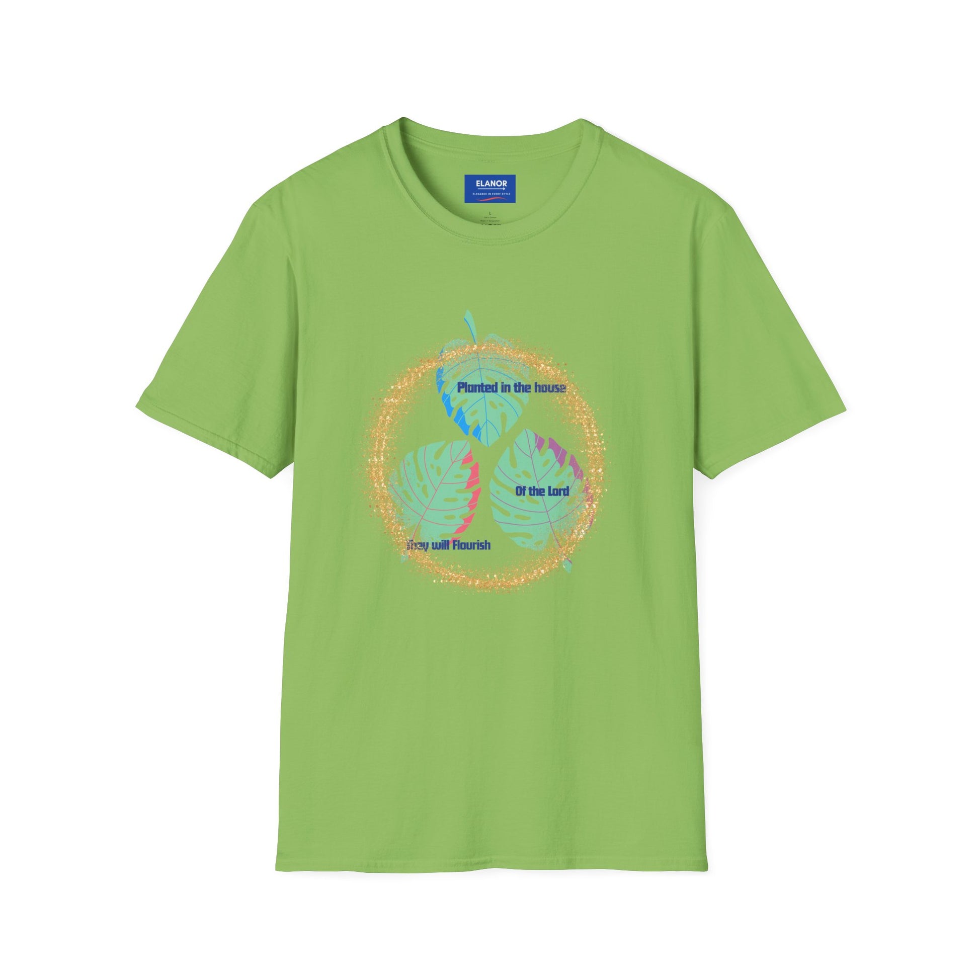 Green t-shirt with a colorful design on a white background