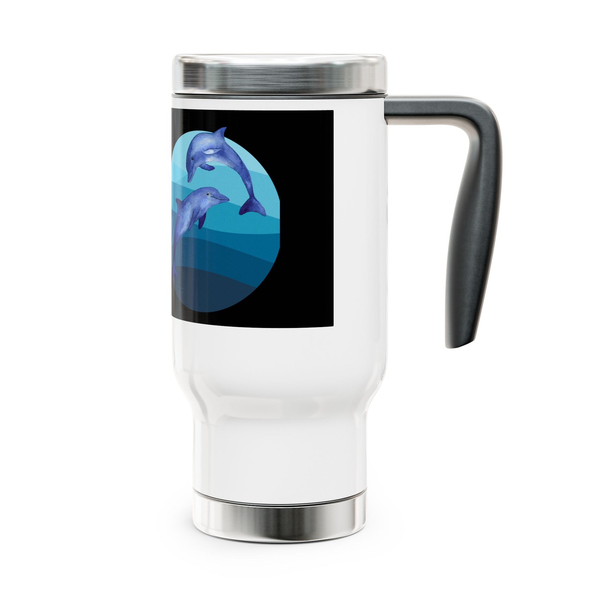 White travel mug with a design of dolphins in water on a black background