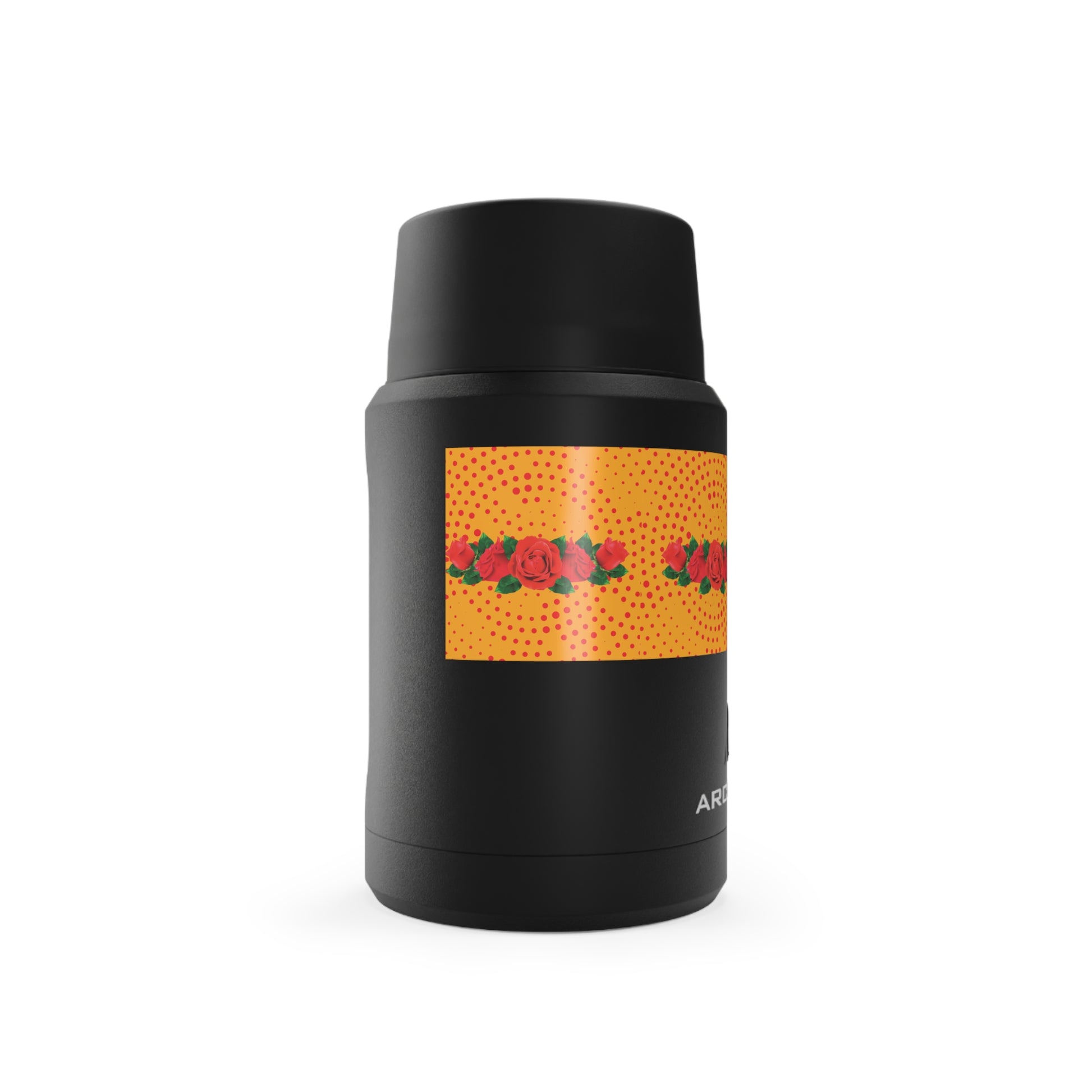 Black thermos with a colorful label featuring strawberries on a white background