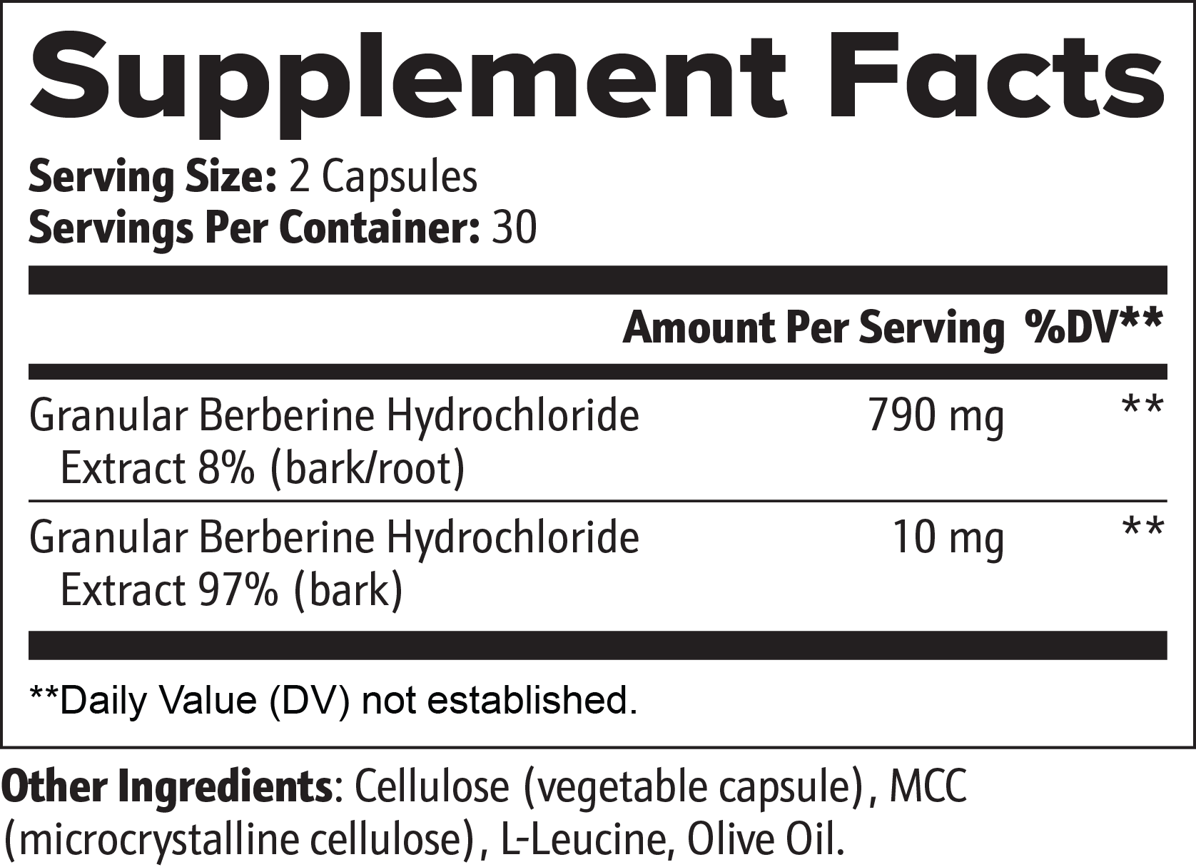 Supplement facts label for Granular Berberine Hydrochloride with serving size, servings per container, and ingredient list.