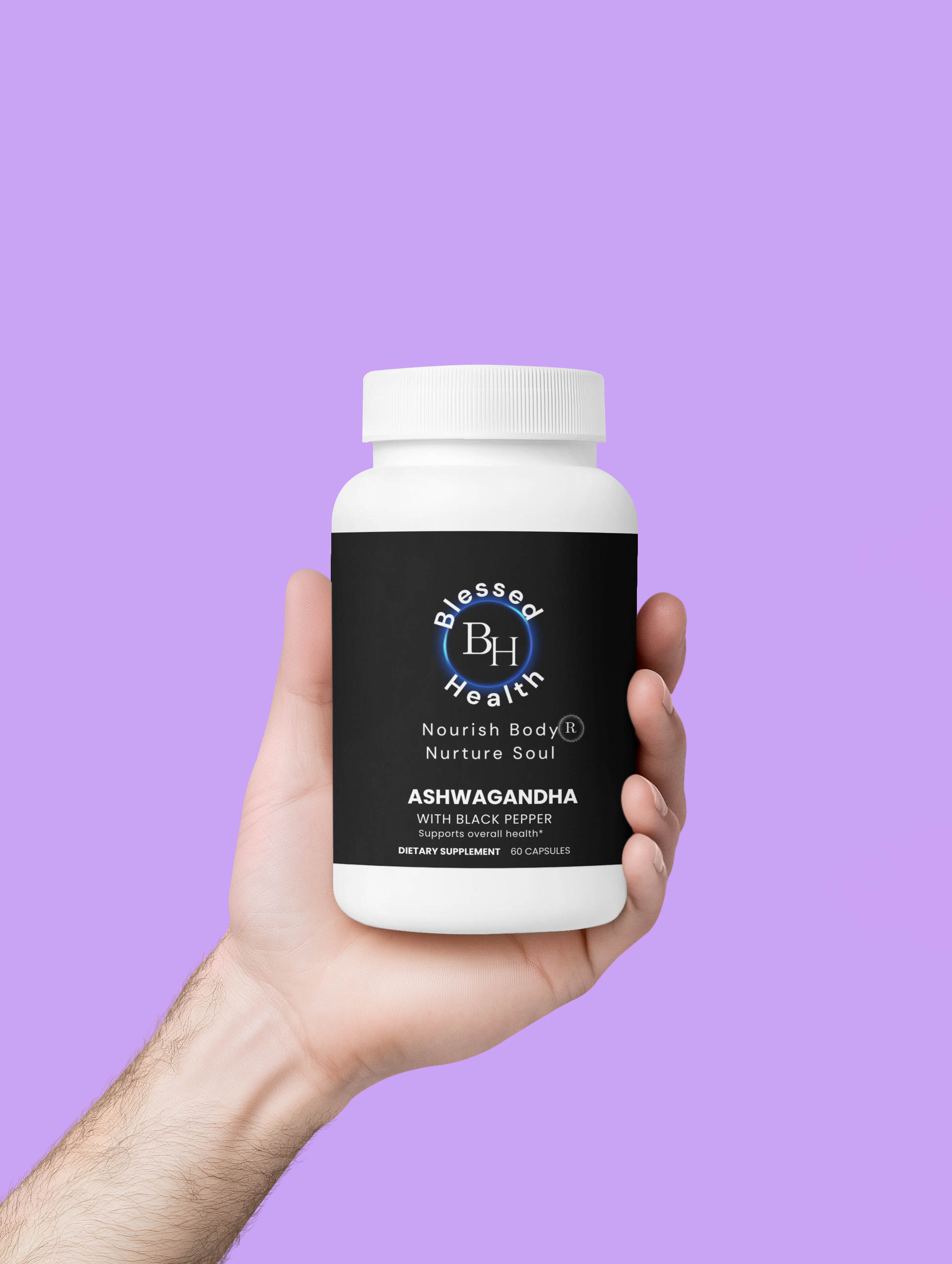 Hand holding a supplement bottle labeled 'Blessed & Healed' against a purple background