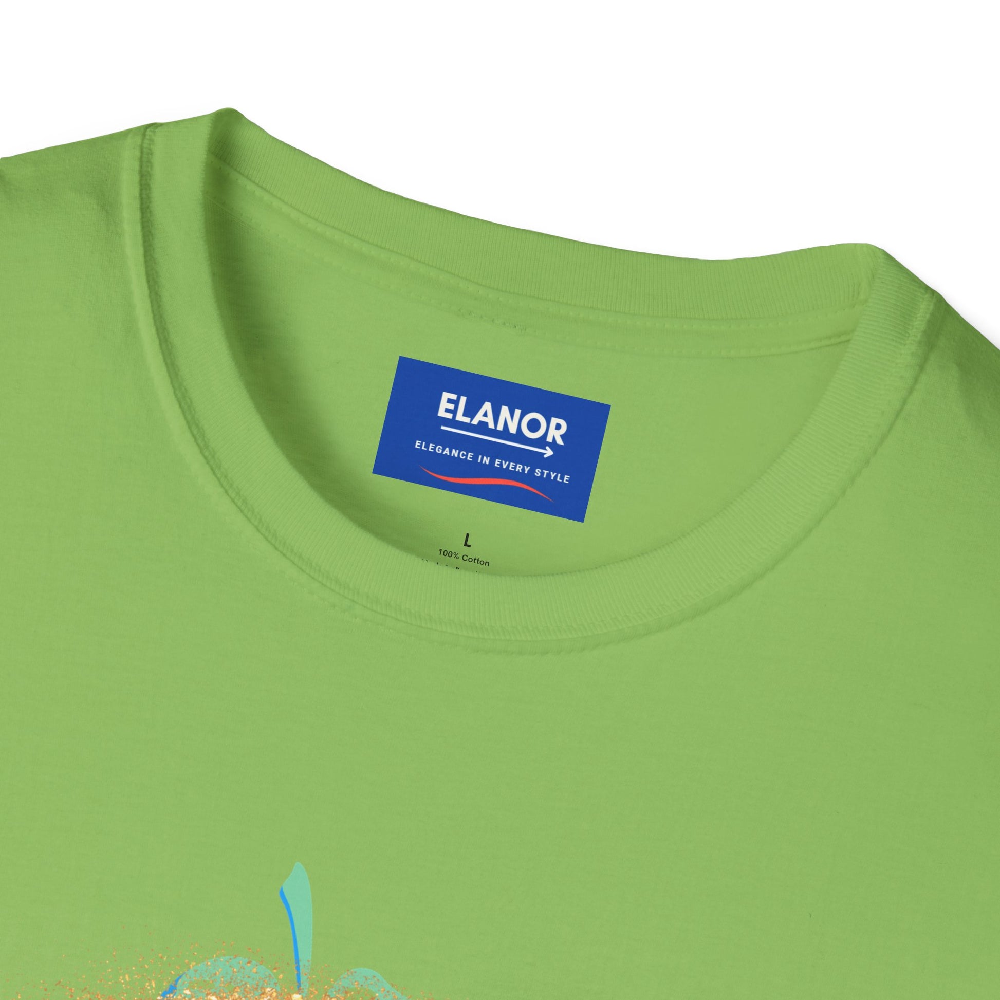 Green t-shirt with ELANOR label on a white background