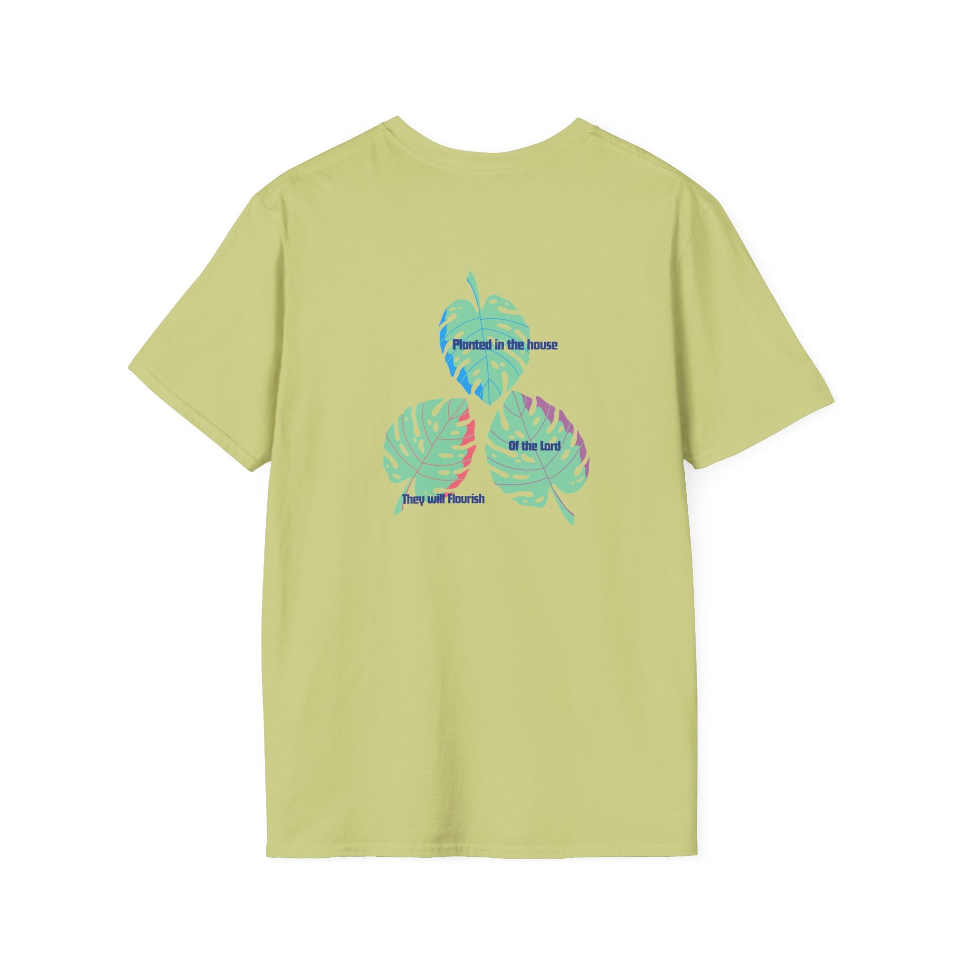 Light green t-shirt with colorful graphic design on the back against a white background