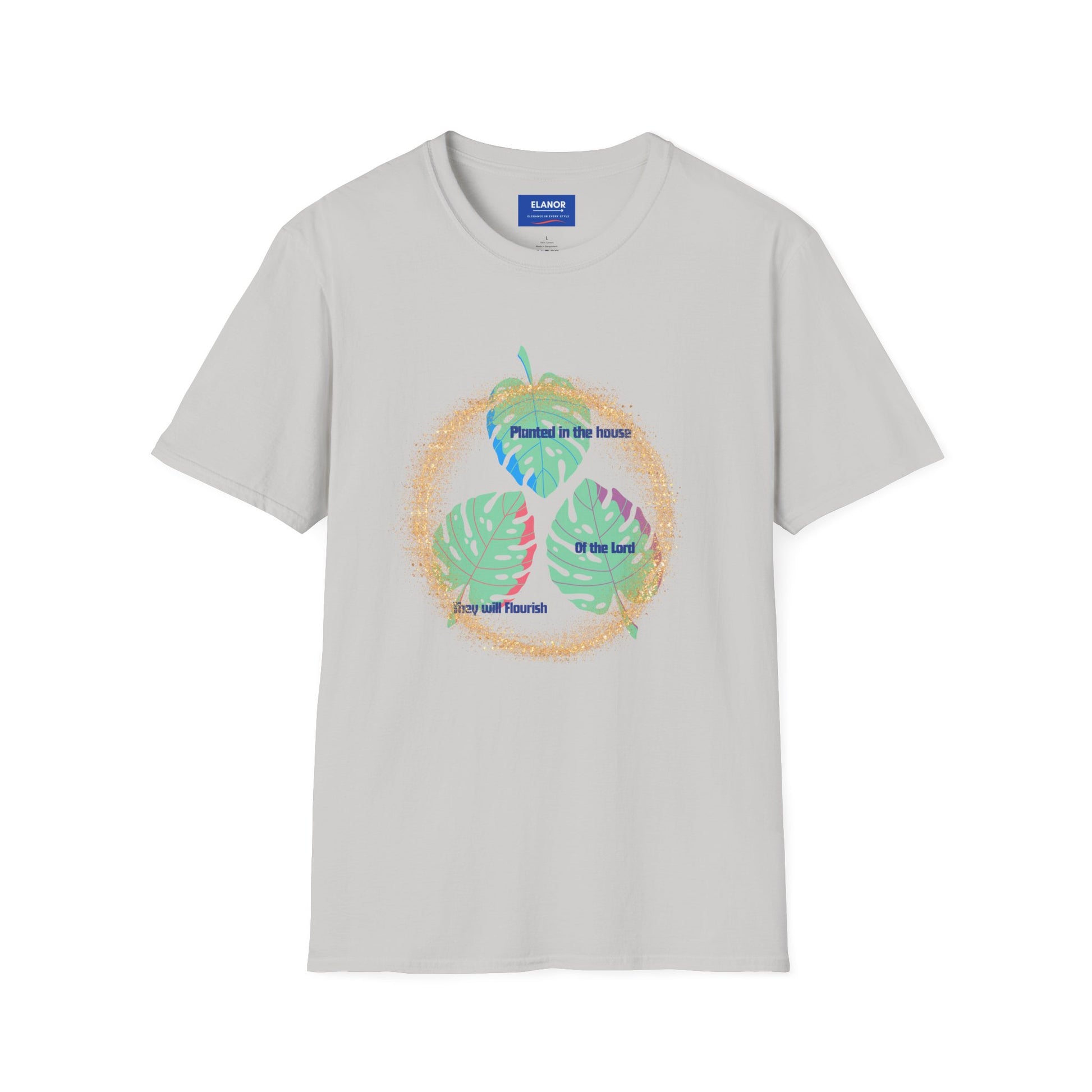 Gray t-shirt with colorful leaf design and text on a white background