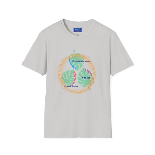 Gray t-shirt with colorful leaf design and text on a white background